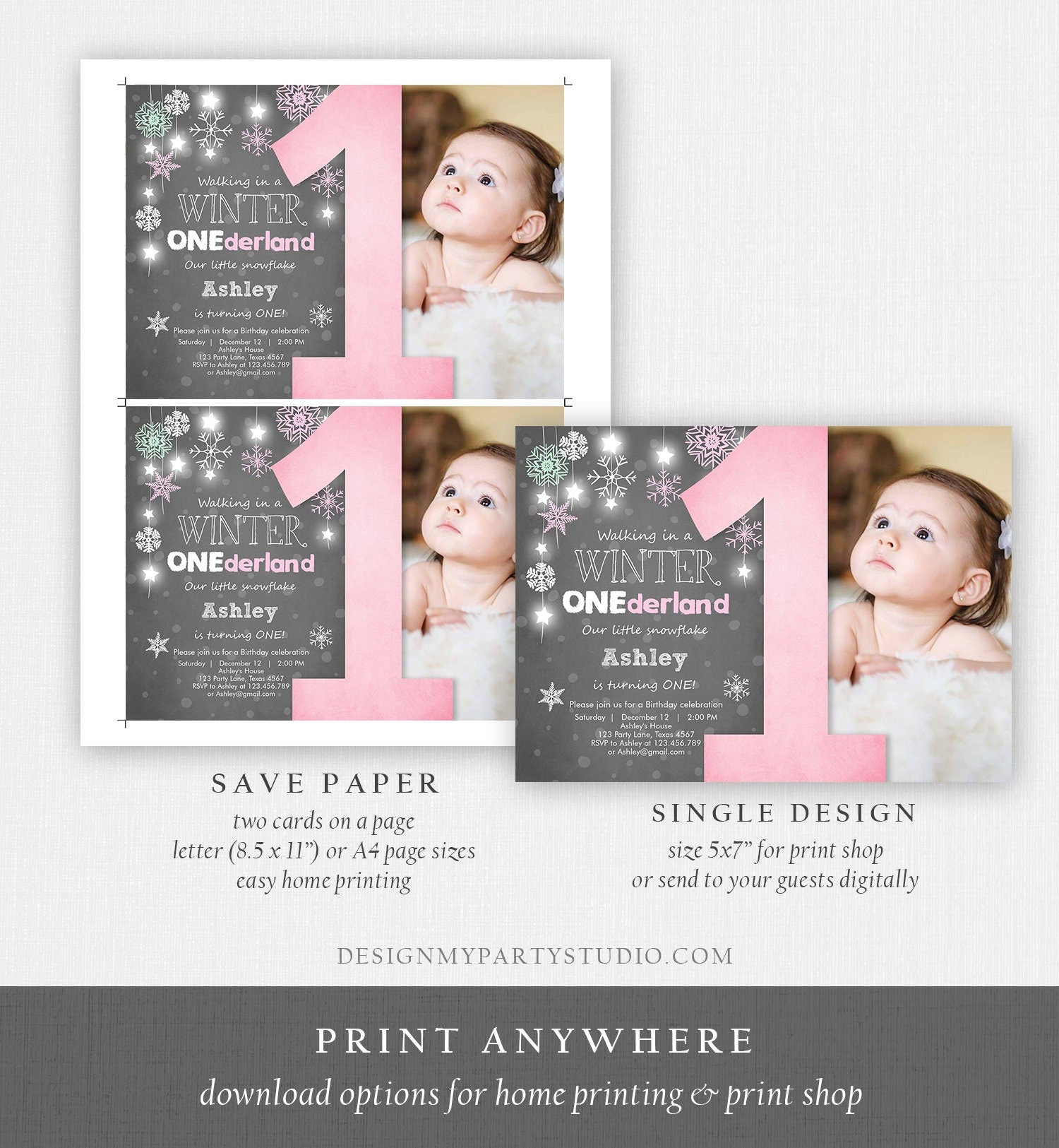 Editable Winter ONEderland Birthday Invitation Pink Girl First Birthday Snowflake Girl Instant Download Printable Invite Template Corjl 0057