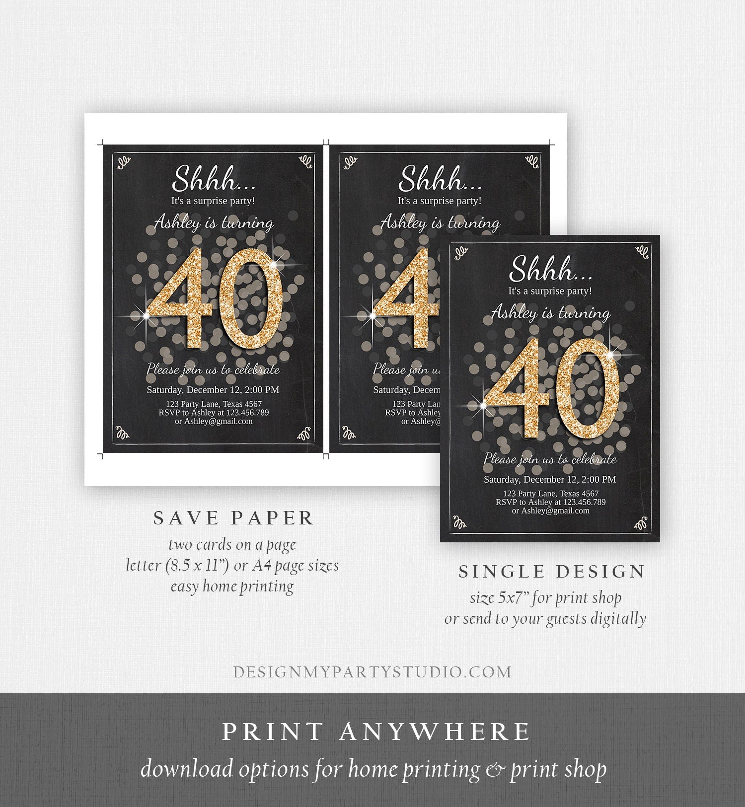 Editable ANY AGE Surprise Birthday Invitation Adult 40th Party Rustic Chalk Black Gold Glitter Photo Download Printable Corjl Template 0103