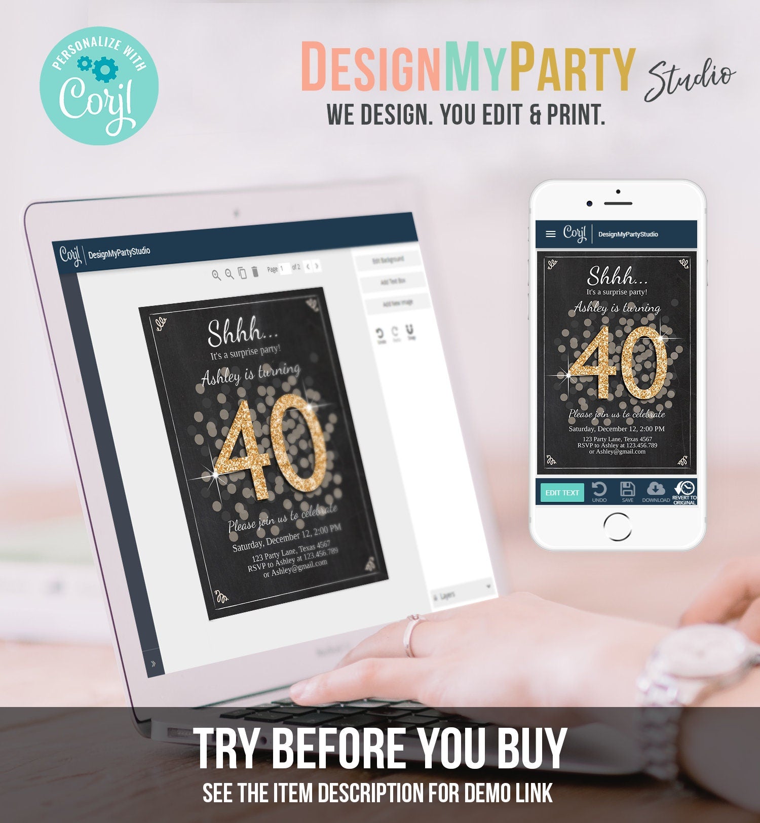 Editable ANY AGE Surprise Birthday Invitation Adult 40th Party Rustic Chalk Black Gold Glitter Photo Download Printable Corjl Template 0103