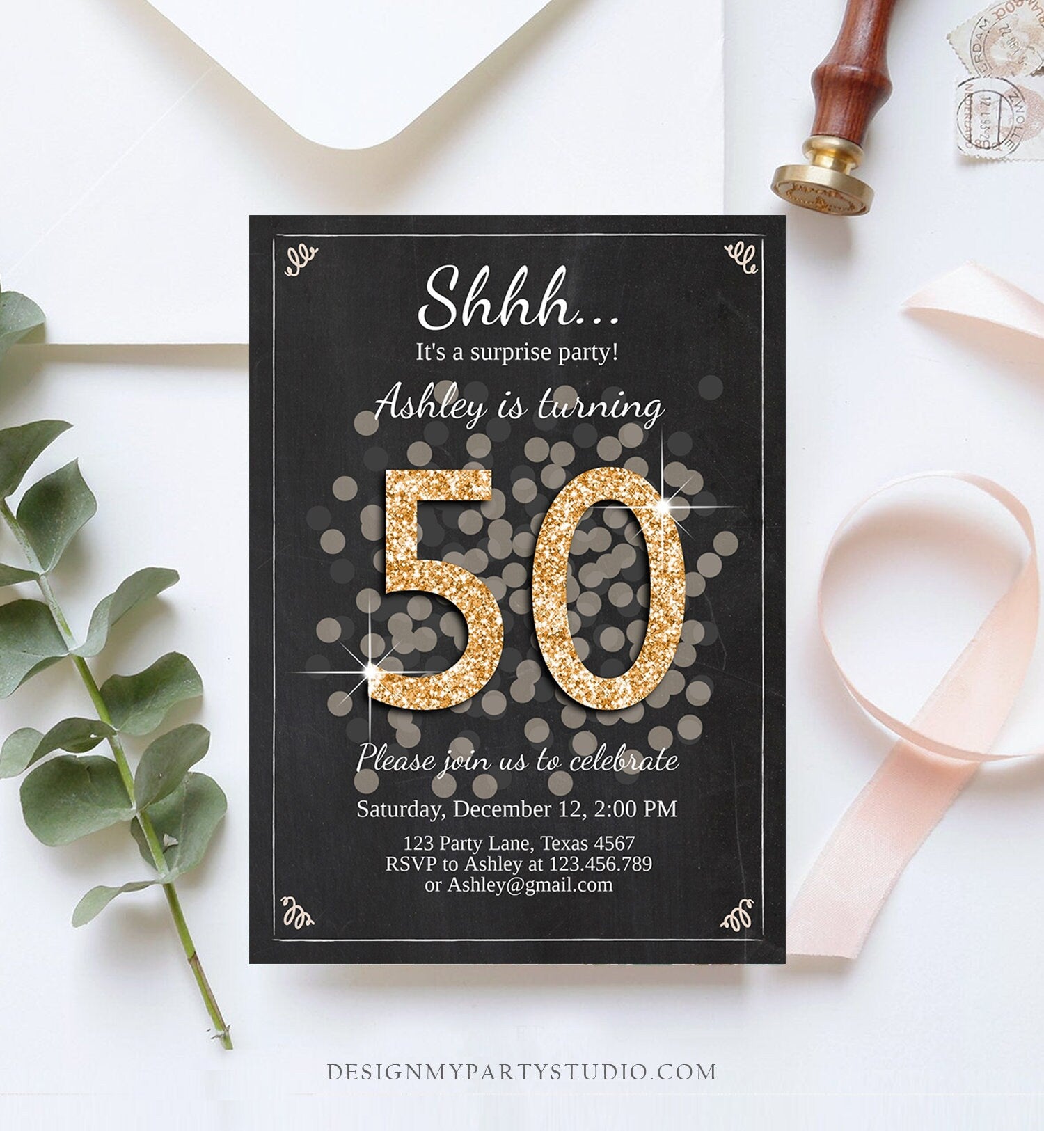 Editable ANY AGE Surprise Birthday Invitation Adult 50th Party Rustic Chalk Black Gold Glitter Photo Download Printable Corjl Template 0103