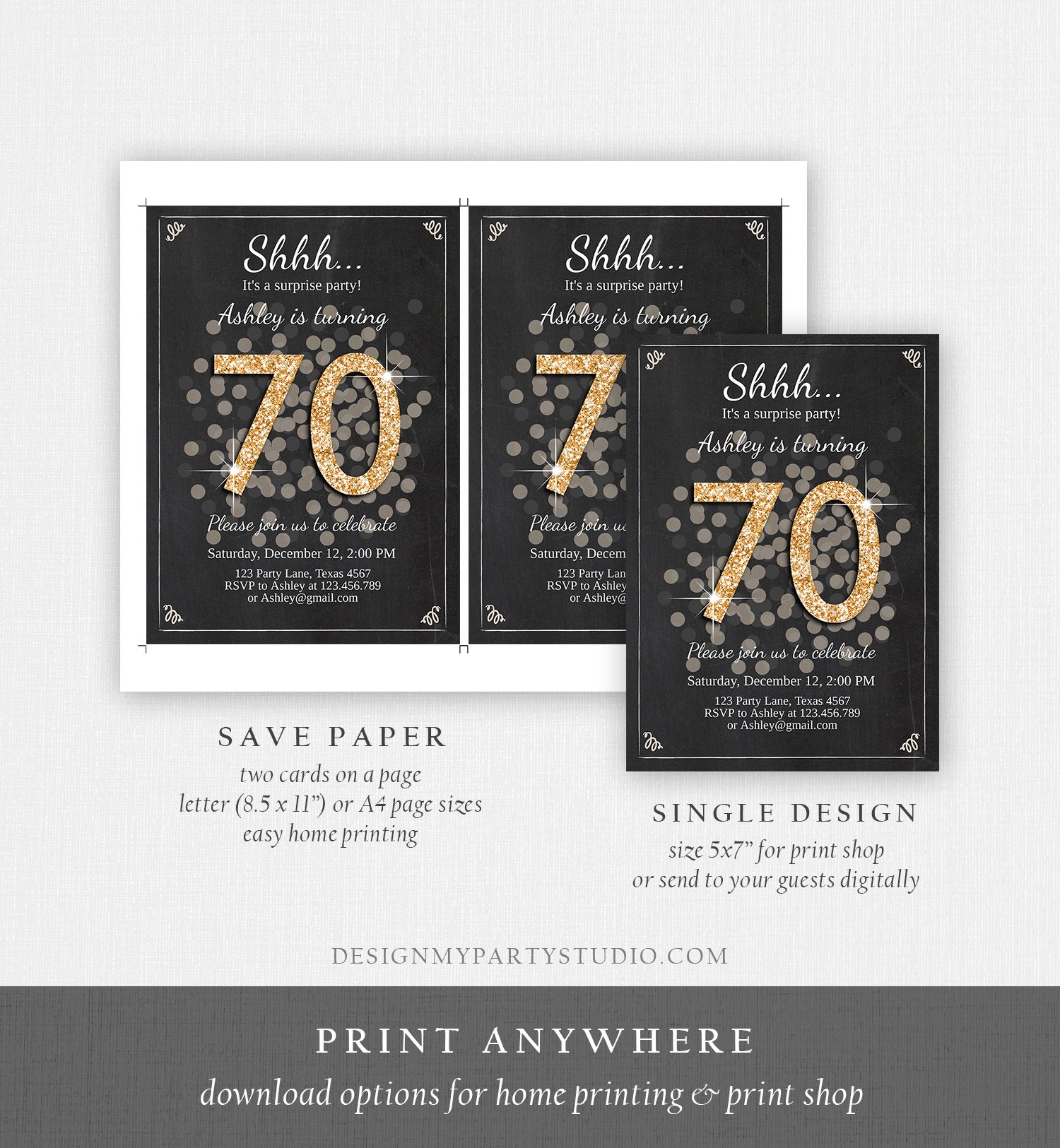 Editable ANY AGE Surprise Birthday Invitation Adult 70th Party Rustic Chalk Black Gold Glitter Photo Download Printable Corjl Template 0103