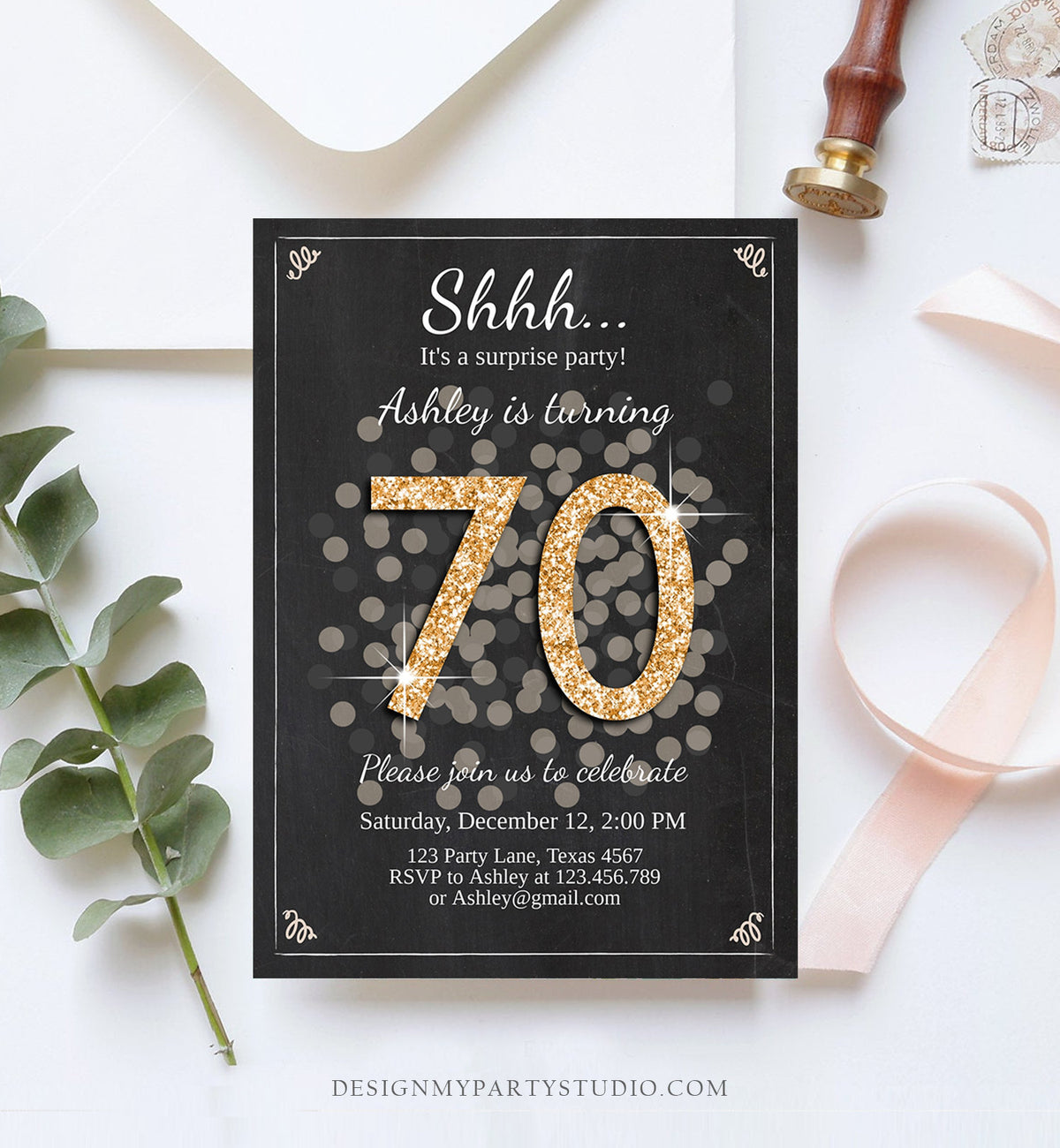 Editable ANY AGE Surprise Birthday Invitation Adult 70th Party Rustic Chalk Black Gold Glitter Photo Download Printable Corjl Template 0103