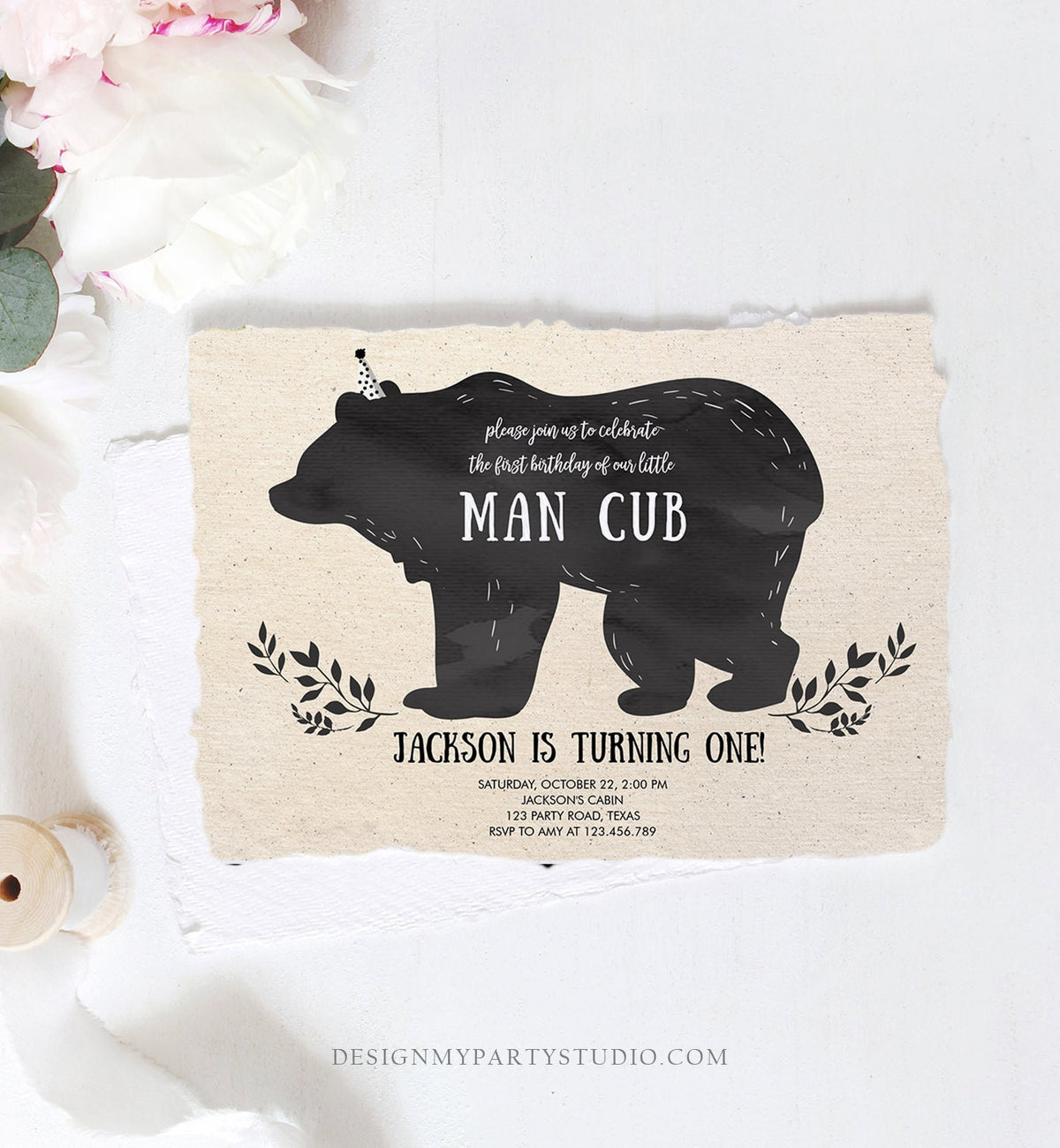 Editable Man Cub Birthday Invitation Boy Bear Invitation Little Cub Woodland Bear Party Modern Printable Invite Template Digital Corjl 0267