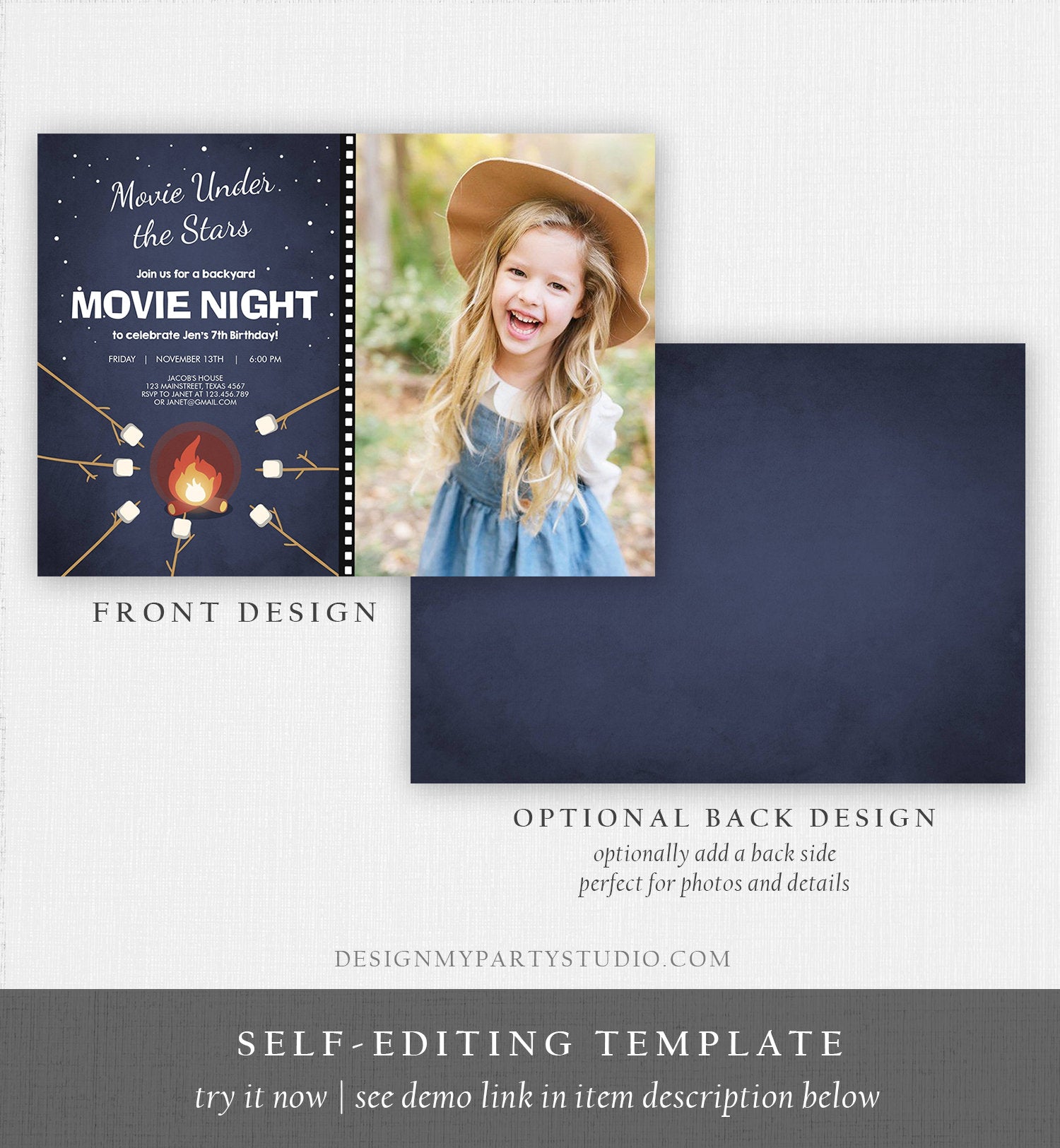 Editable Movie Night Birthday Invitation Under the Stars Bonfire Backyard Movie Party Outdoor Download Printable Invite Template Corjl 0268