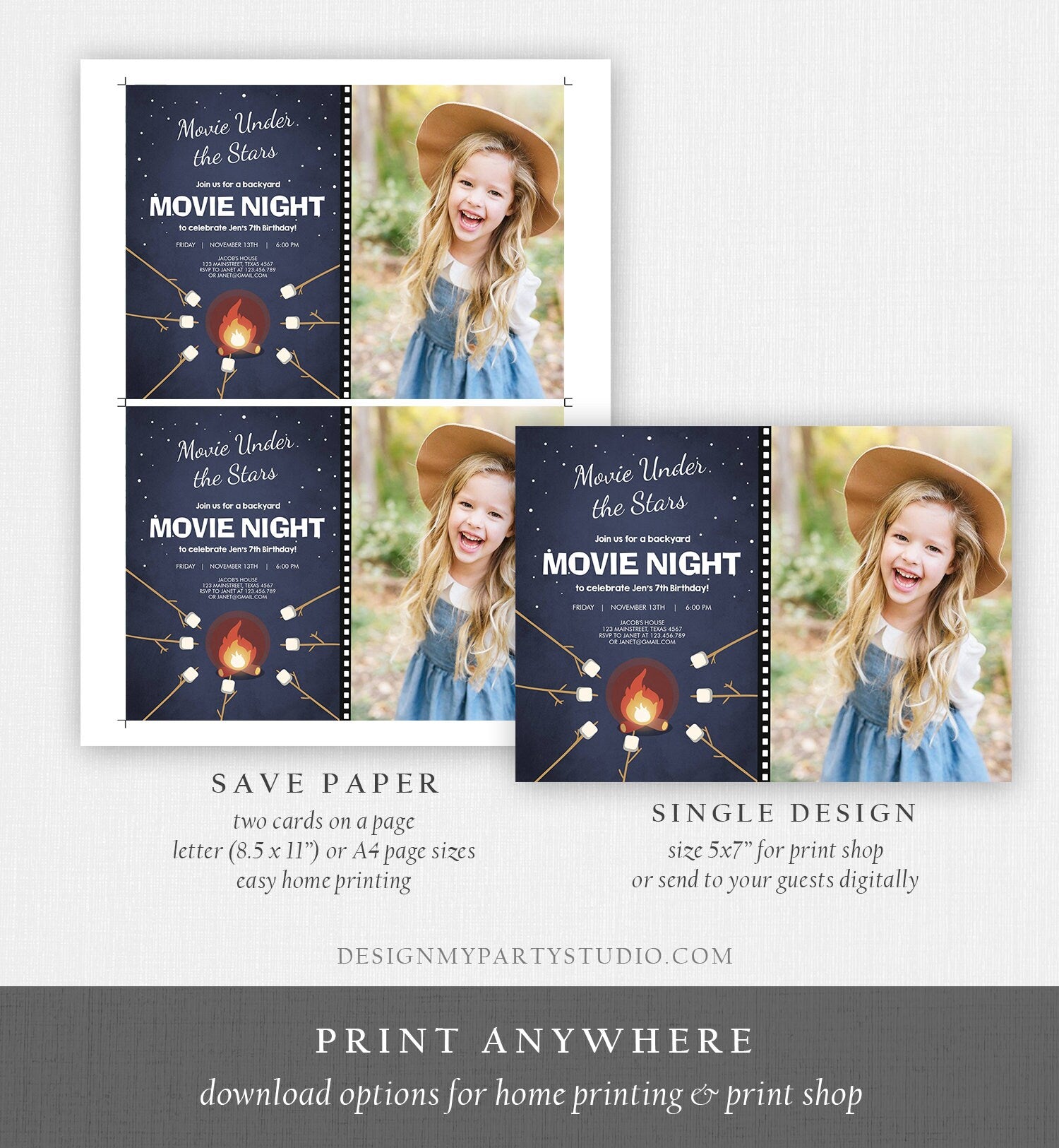 Editable Movie Night Birthday Invitation Under the Stars Bonfire Backyard Movie Party Outdoor Download Printable Invite Template Corjl 0268