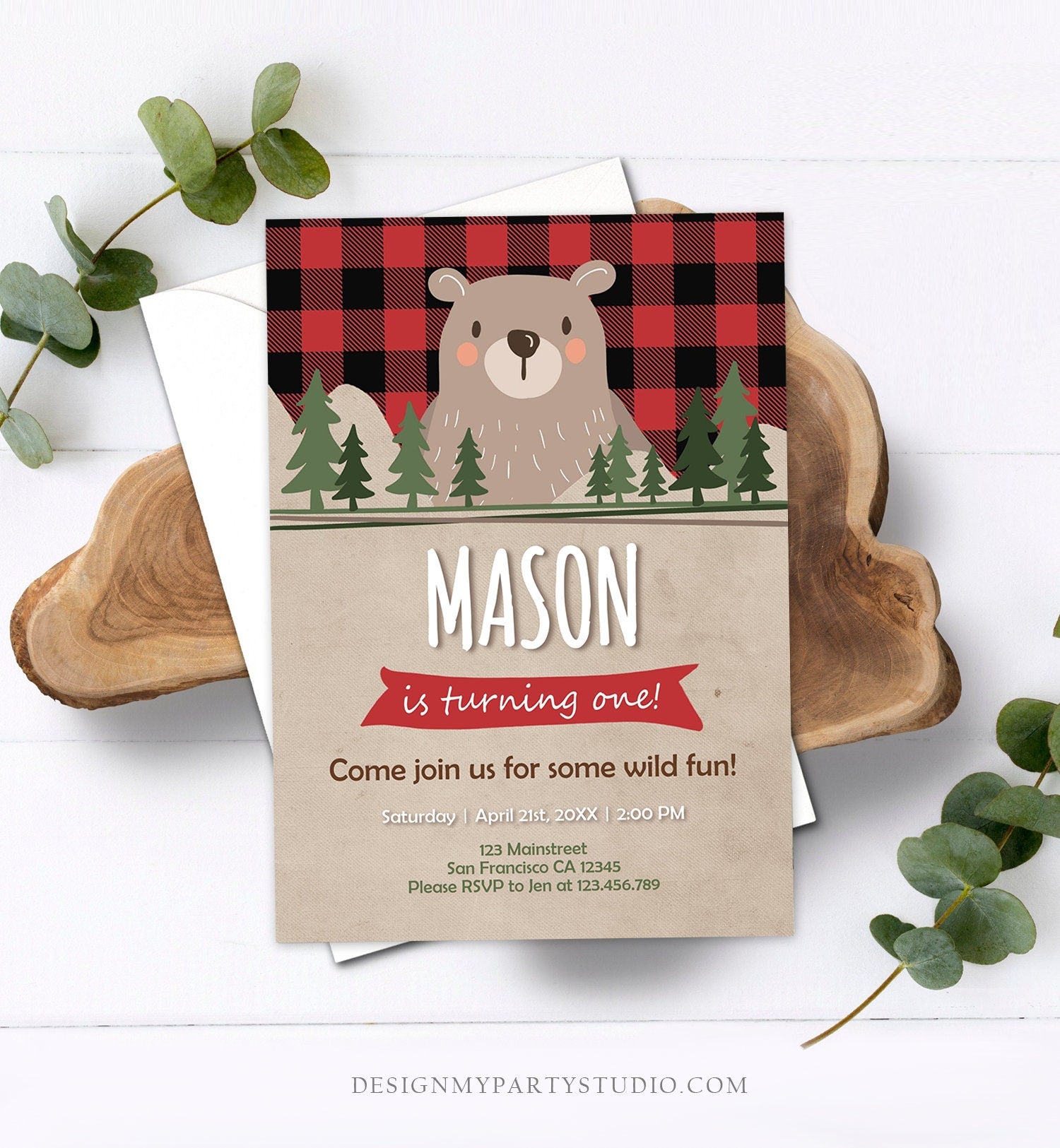 Editable Lumberjack Birthday Invitation Rustic Woodland Bear First Birthday 1st Man Cub Buffalo Plaid Forest Printable Corjl Template 0026