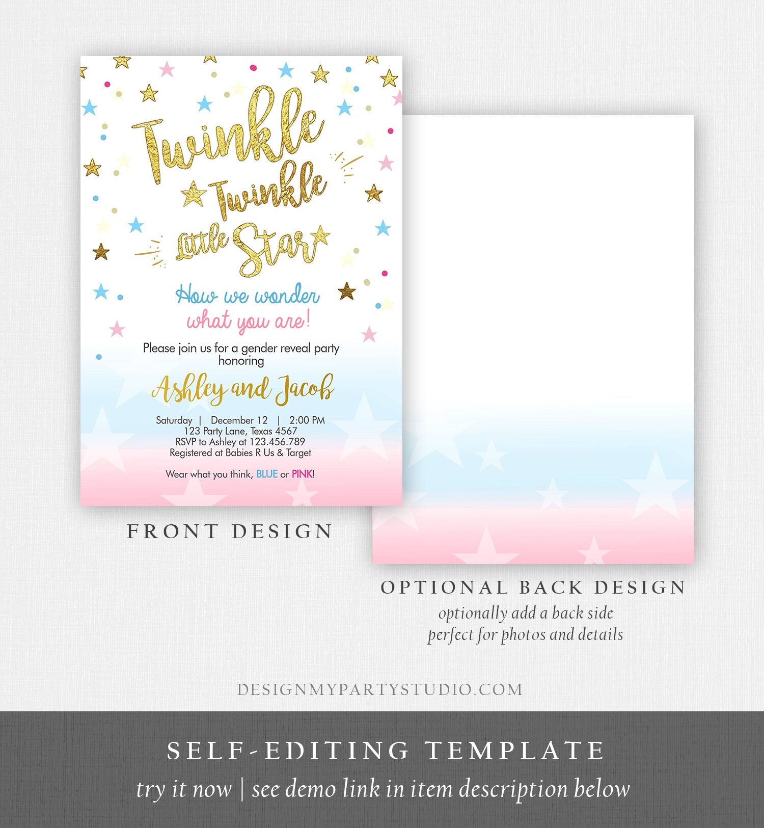 Editable Gender Reveal Invitation Baby Shower Twinkle Twinkle Little Star Blue or Pink He or She Gold Pink Blue Download Corjl Template 0235