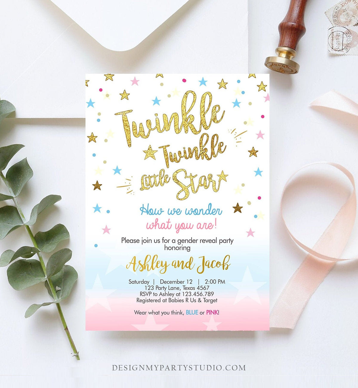 Editable Gender Reveal Invitation Baby Shower Twinkle Twinkle Little Star Blue or Pink He or She Gold Pink Blue Download Corjl Template 0235