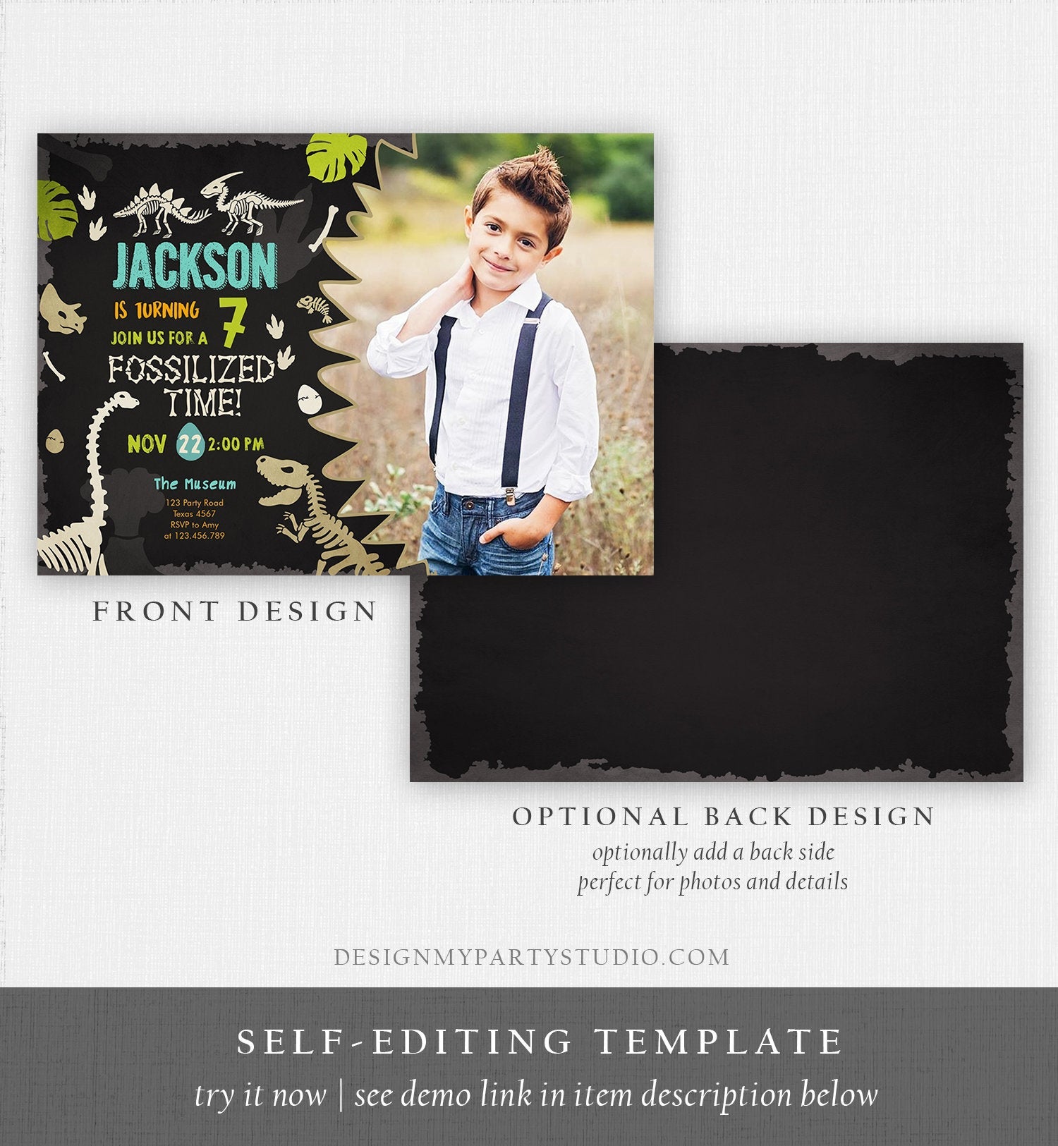 Editable Fossil Birthday Invitation Dino Dig Party Prehistoric Boy Dinosaur Party T-Rex Chalk Digital Download Printable Template Corjl 0269