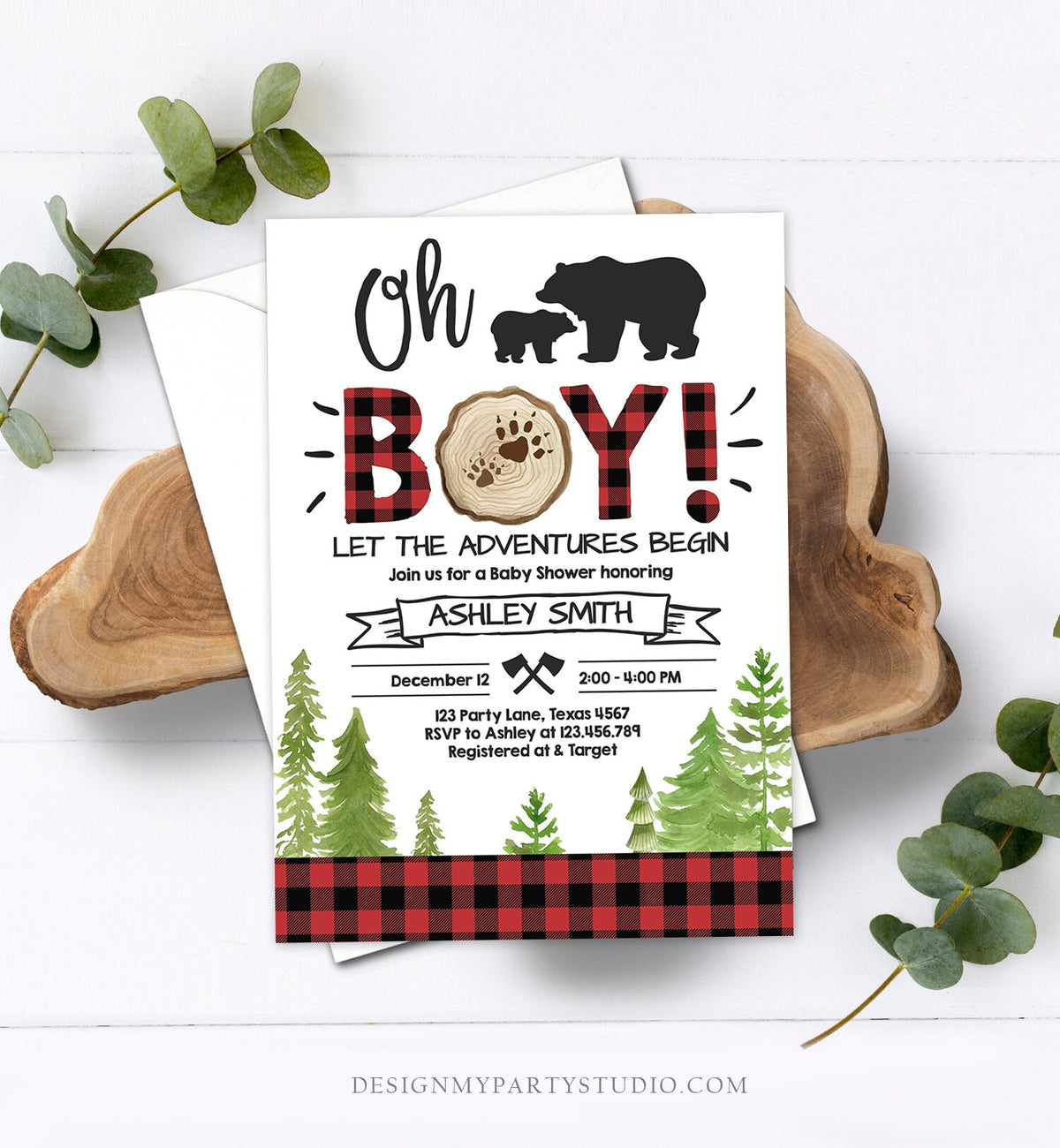 Editable Lumberjack Baby Shower Invitation Baby Boy Buffalo Plaid Rustic Bear Cub Instant Download Printable Template Digital Corjl 0191