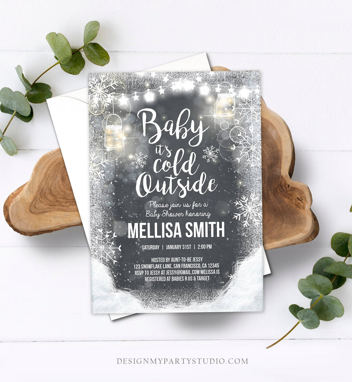 Editable Winter Baby Shower Invitation Baby Its Cold Outside Mason Jars Gender Neutral Snow Invitation Template Instant Download Corjl 0031