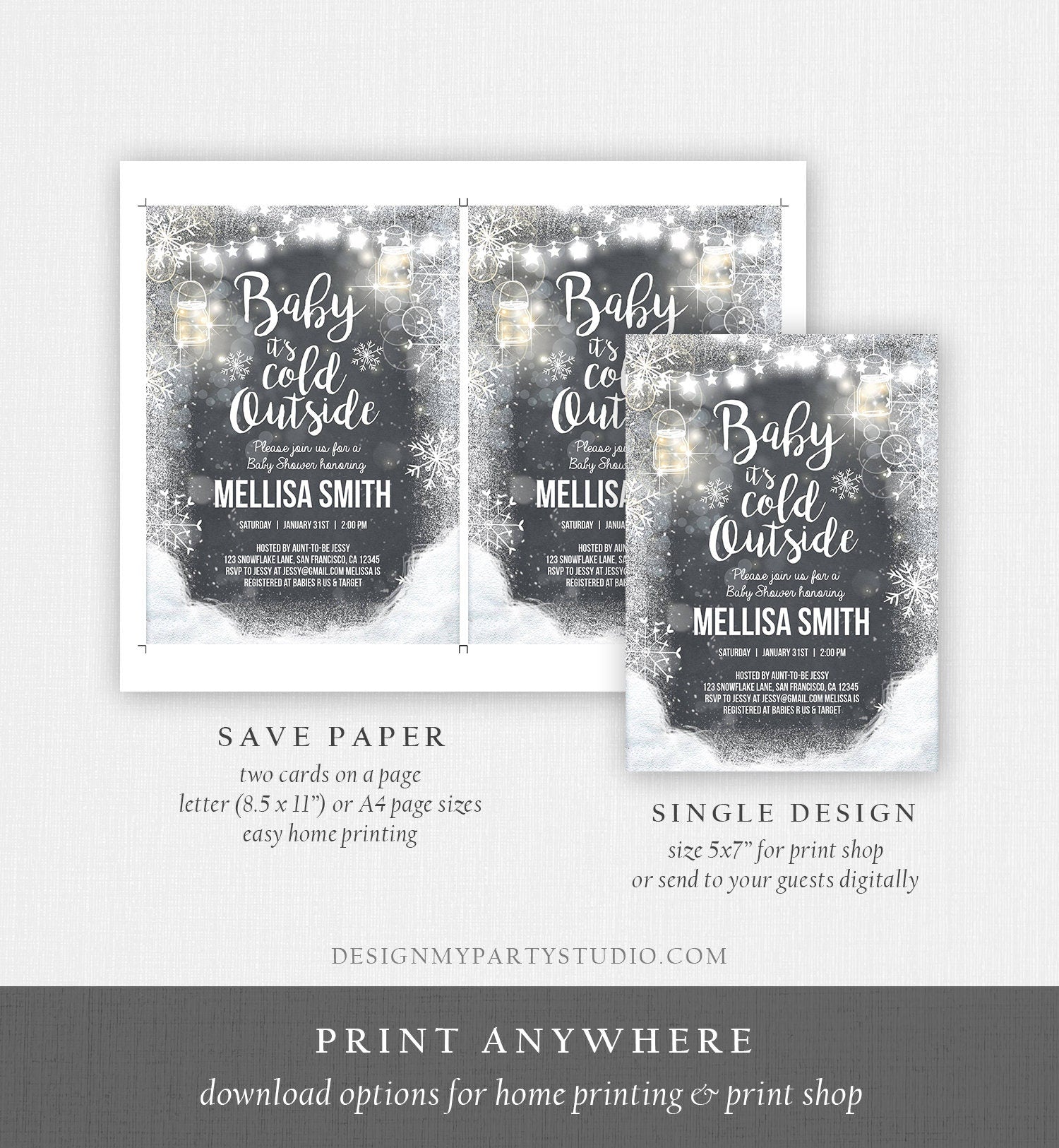 Editable Winter Baby Shower Invitation Baby Its Cold Outside Mason Jars Gender Neutral Snow Invitation Template Instant Download Corjl 0031