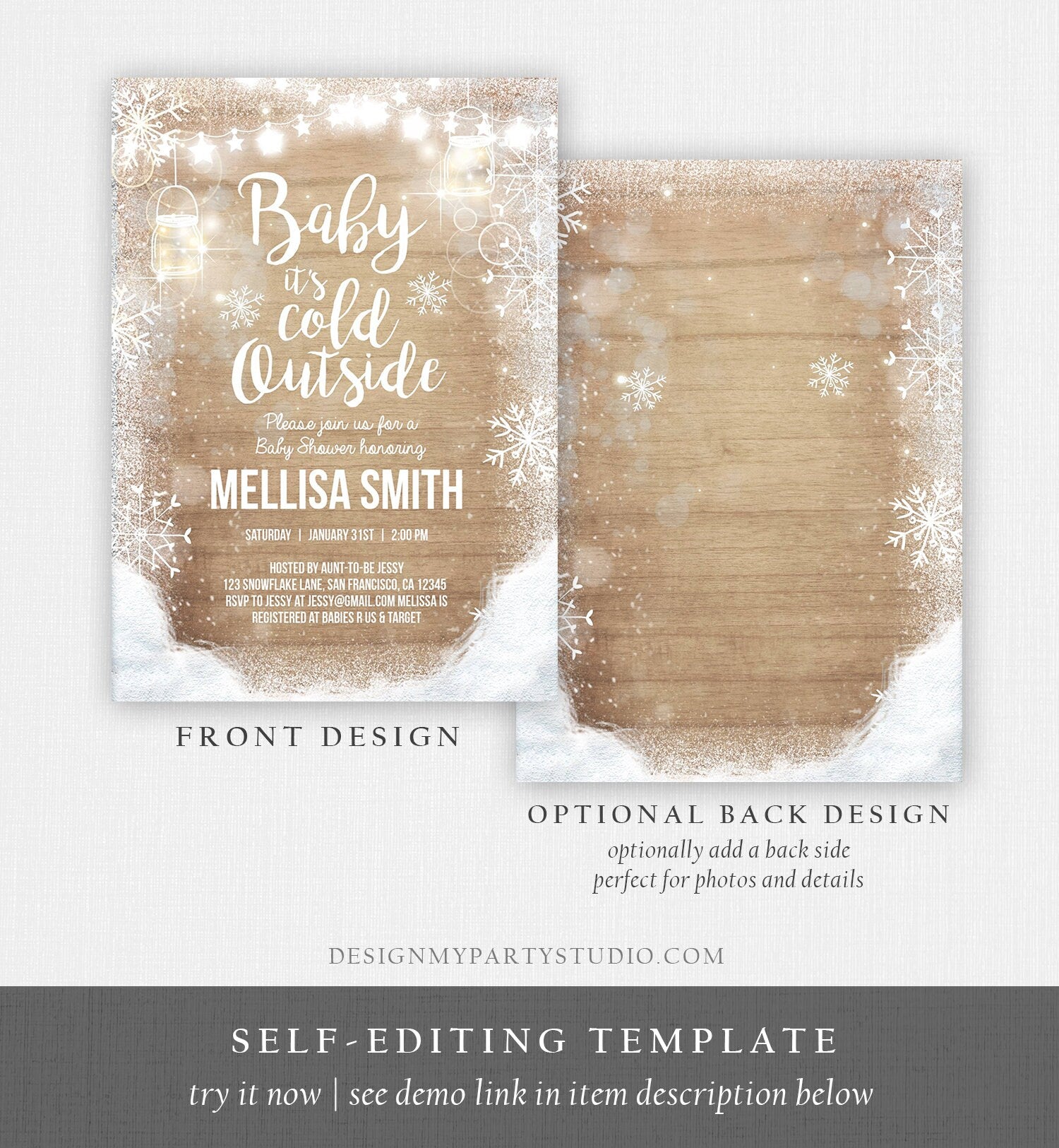 Editable Baby Its Cold Outside Baby Shower Invitation Mason Jars Gender Neutral Wood Snow Invitation Template Instant Download Corjl 0031