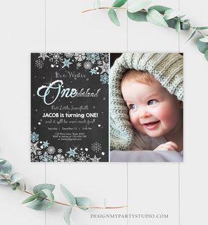 Editable Winter ONEderland Birthday Invitation First Birthday Snowflake Boy Blue Silver Download Printable Invite Template Corjl 0033