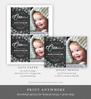 Editable Winter ONEderland Birthday Invitation First Birthday Snowflake Boy Blue Silver Download Printable Invite Template Corjl 0033