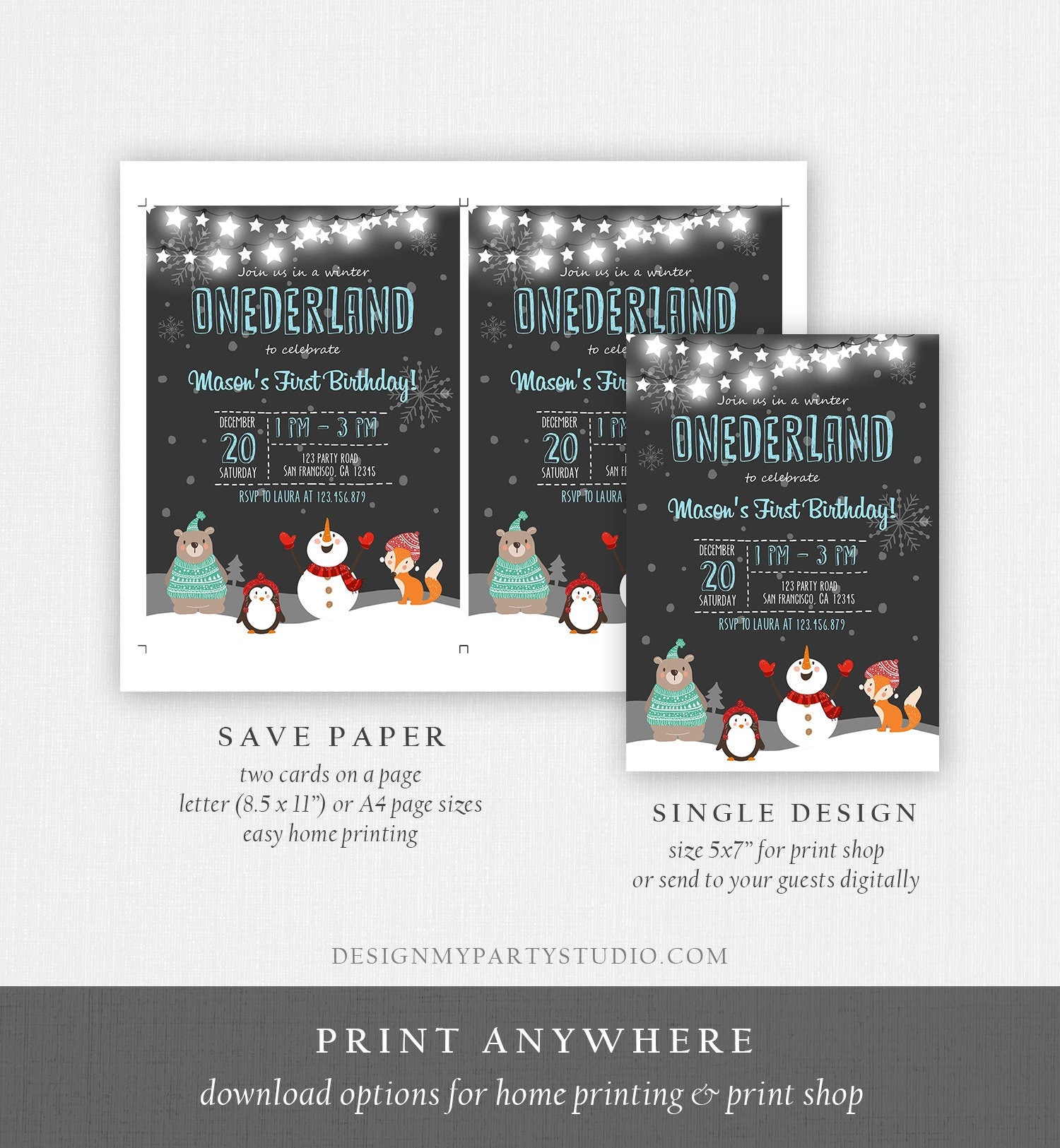 Editable ANY AGE Winter ONEderland Birthday Invitation Woodland Boy Birthday Blue Download Printable Invite Template Digital Corjl 0022