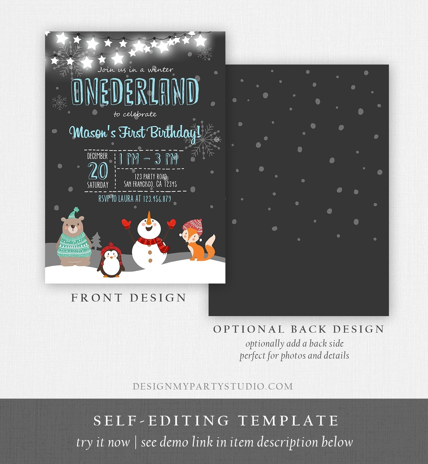 Editable ANY AGE Winter ONEderland Birthday Invitation Woodland Boy Birthday Blue Download Printable Invite Template Digital Corjl 0022