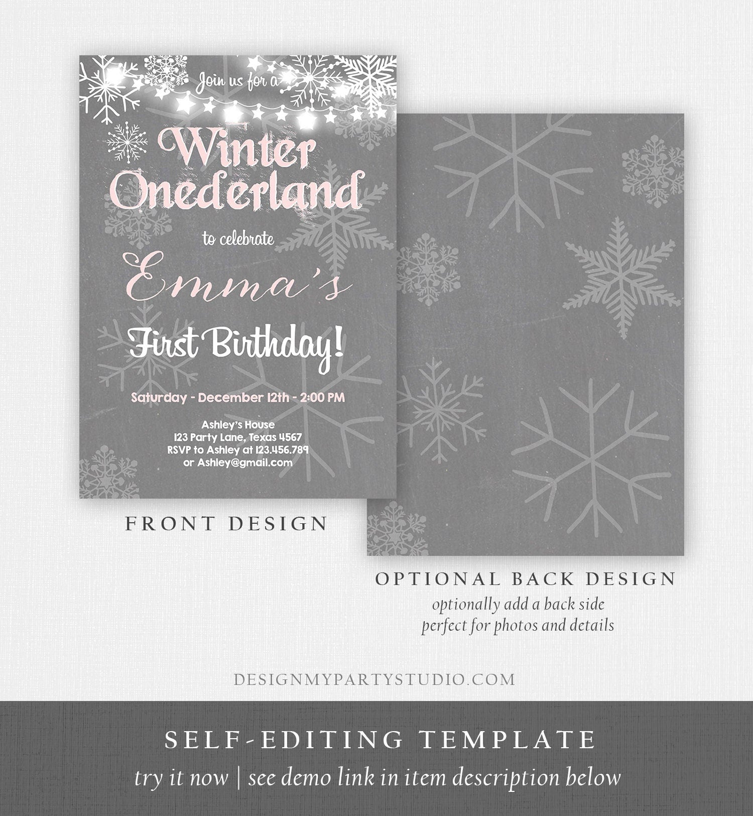 Editable Winter ONEderland Birthday Invitation First Birthday Snowflake Girl Pink Grey Snow Download Printable Invite Template Corjl 0027