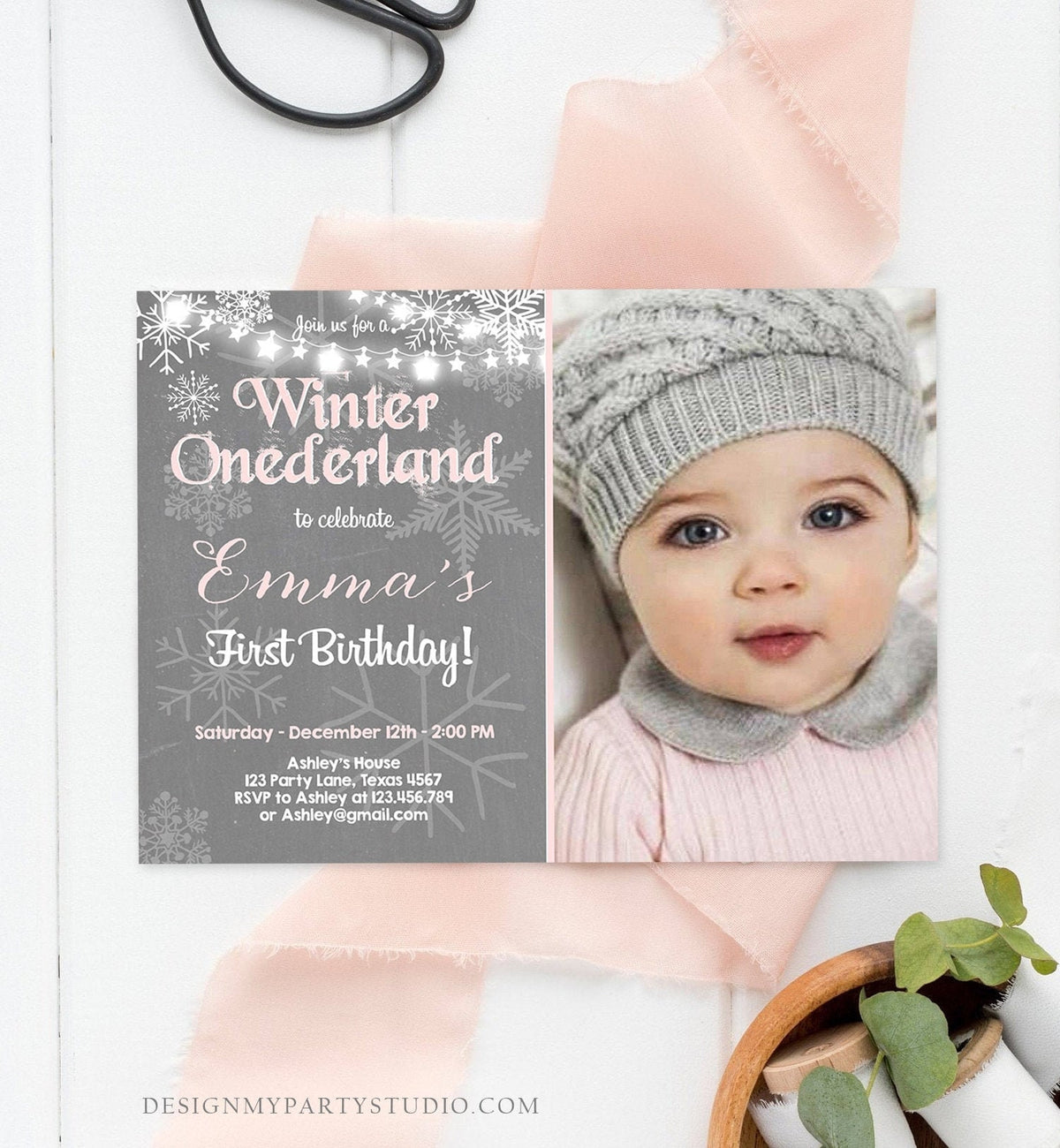 Editable Winter ONEderland Birthday Invitation First Birthday Snowflake Girl Pink Grey Snow Download Printable Invite Template Corjl 0027