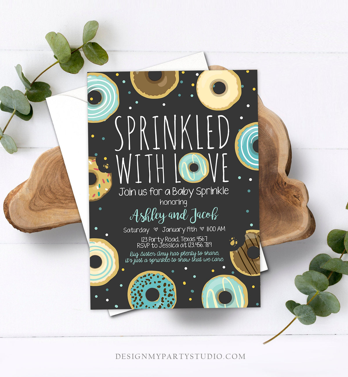 Editable Donut Sprinkle Invitation Sprinkled With Love Coed Shower Gender Neutral Blue Boy Digital Download Printable Corjl Template 0050