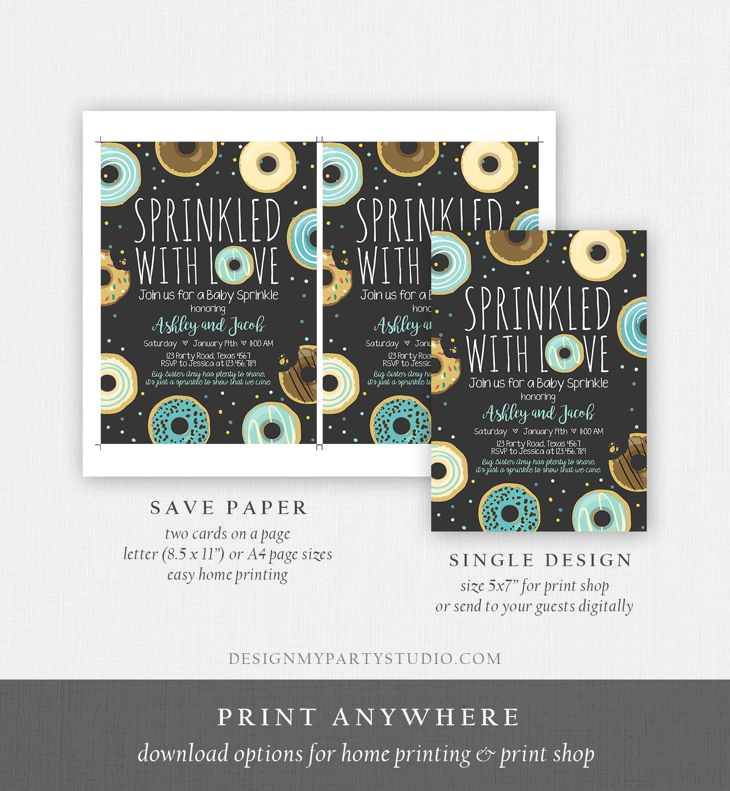 Editable Donut Sprinkle Invitation Sprinkled With Love Coed Shower Gender Neutral Blue Boy Digital Download Printable Corjl Template 0050