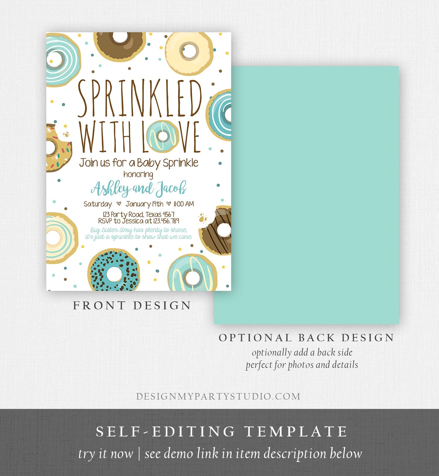 Editable Donut Sprinkle Invitation Sprinkled With Love Coed Shower Gender Neutral Blue Boy Digital Download Printable Corjl Template 0050