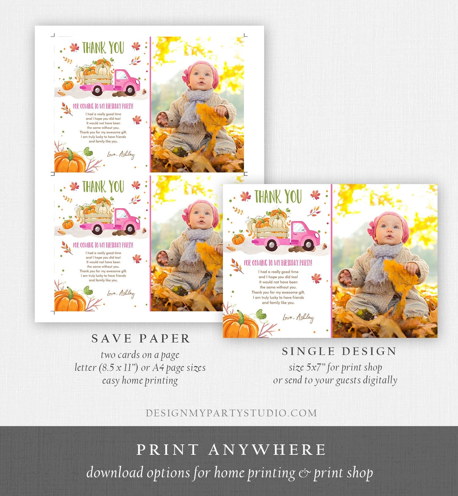 Editable Pumpkin Birthday Thank You Card Girls Fall Girl Pumpkin Truck Birthday Party Pink Orange Download Printable Template Corjl 0153