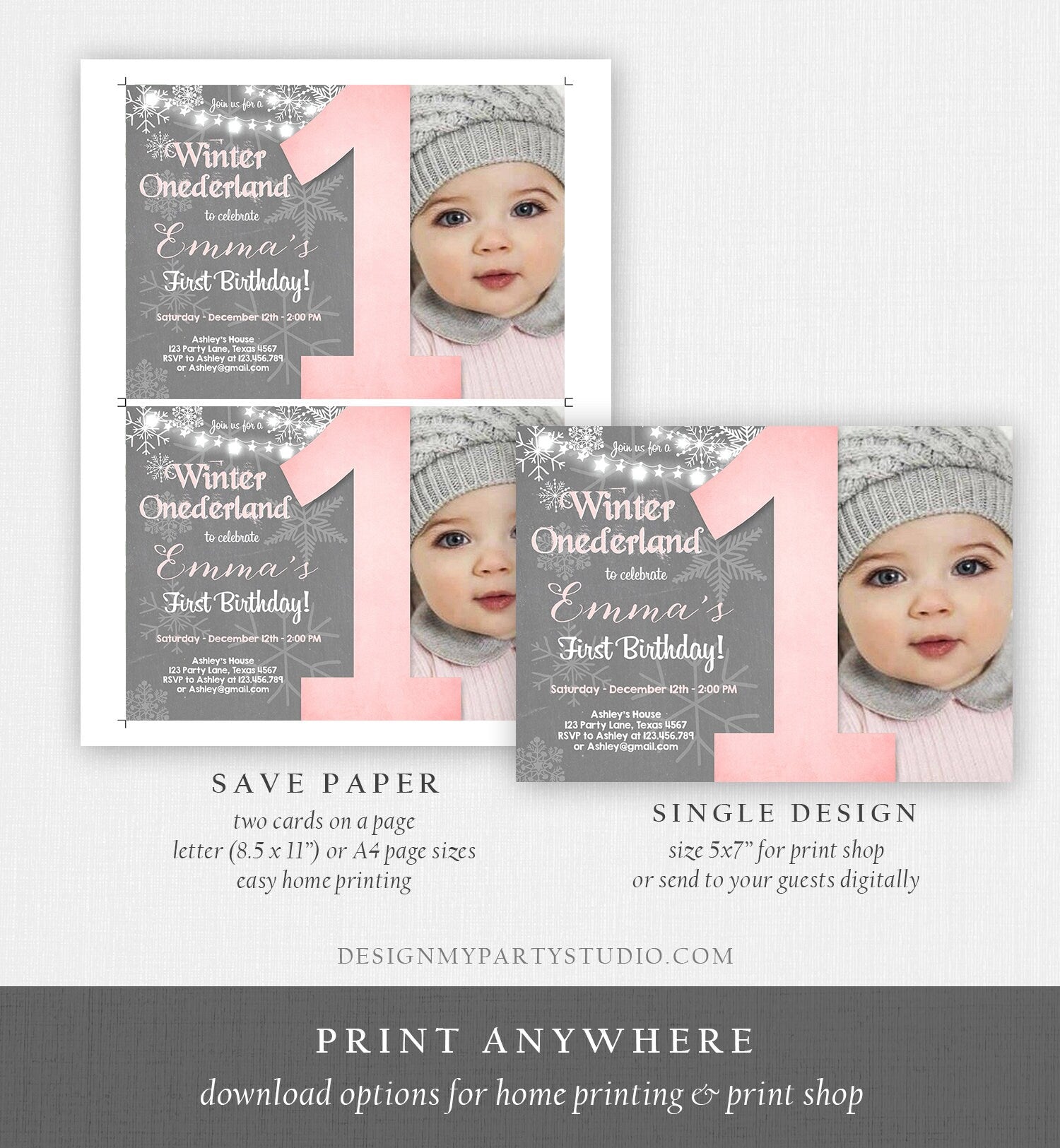 Editable Winter ONEderland Birthday Invitation First Birthday Snowflake Girl Pink Grey Snow Download Printable Invite Template Corjl 0027