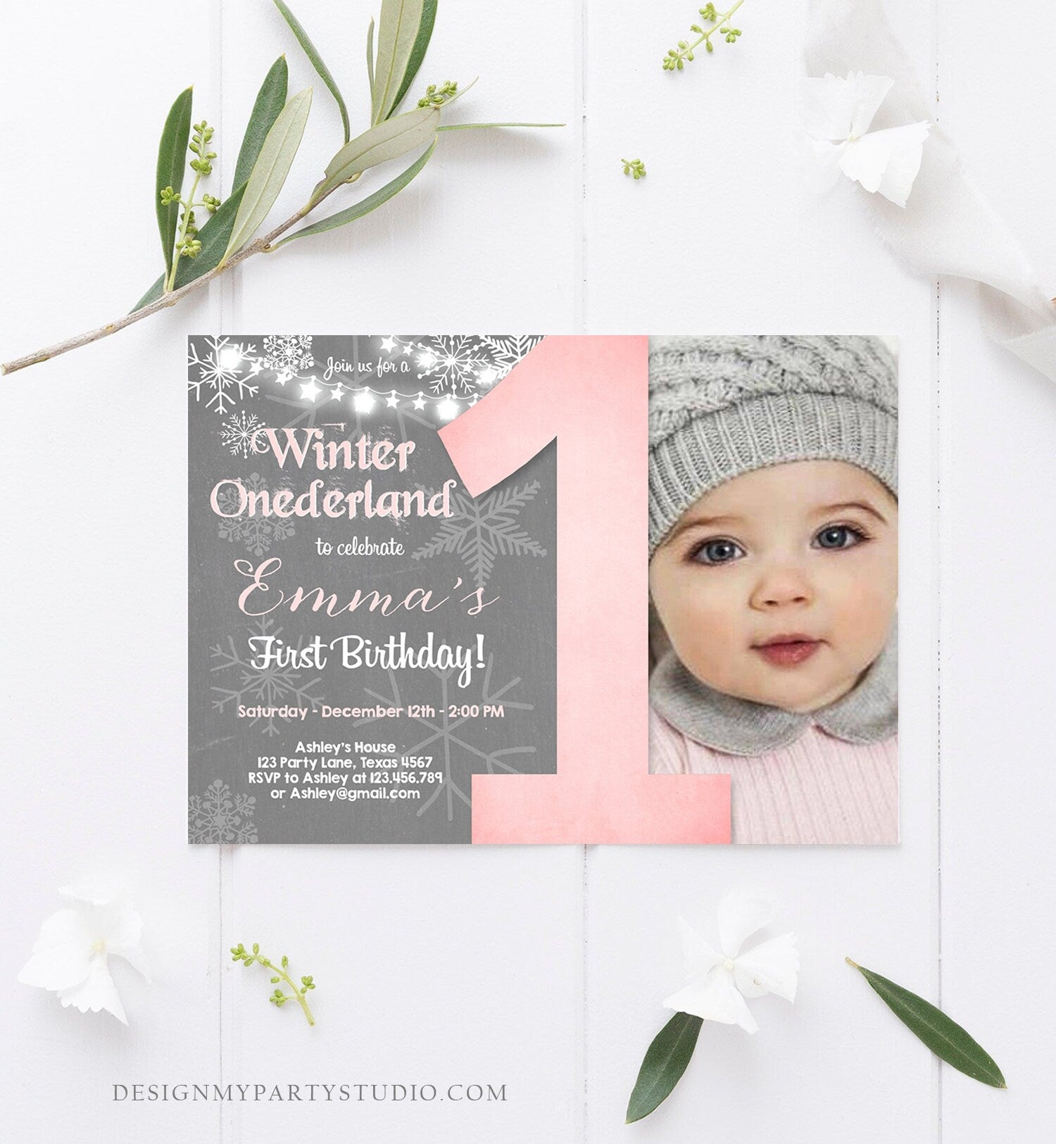 Editable Winter ONEderland Birthday Invitation First Birthday Snowflake Girl Pink Grey Snow Download Printable Invite Template Corjl 0027