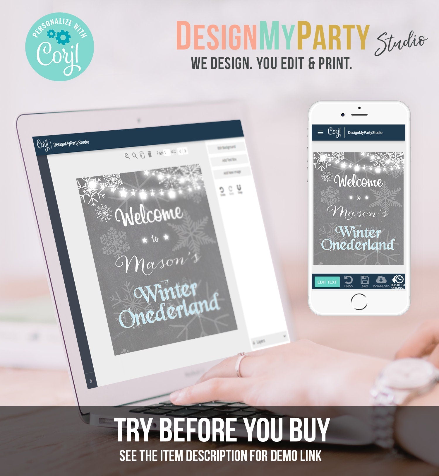 Editable Winter Onederland Welcome Sign Winter Welcome Sign Birthday Boy Blue and Grey Snowflakes Snow Template PRINTABLE Corjl 0027