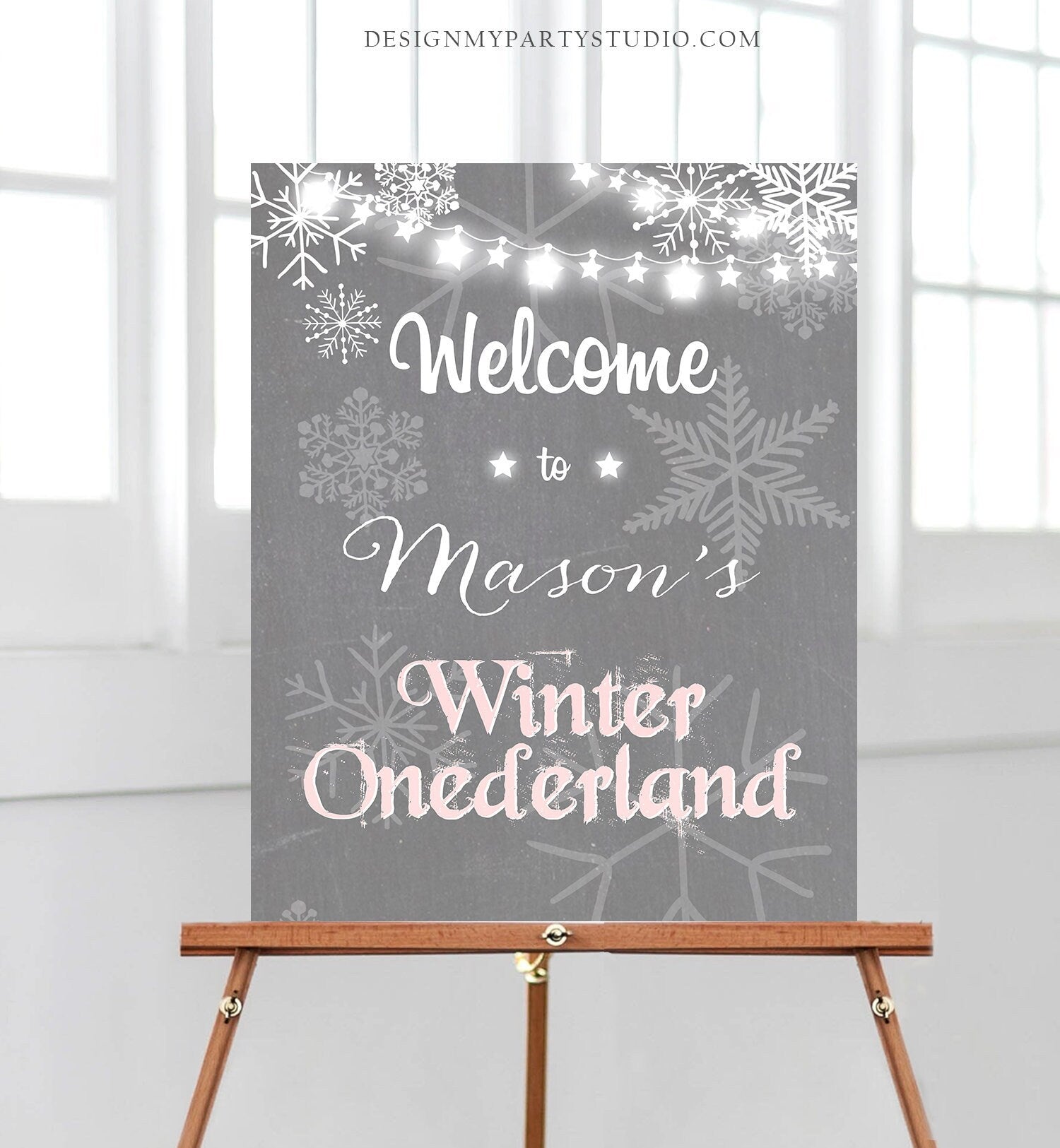 Editable Winter Onederland Welcome Sign Winter Welcome Sign Birthday Girl Pink and Grey Snowflakes Snow Template PRINTABLE Corjl 0027