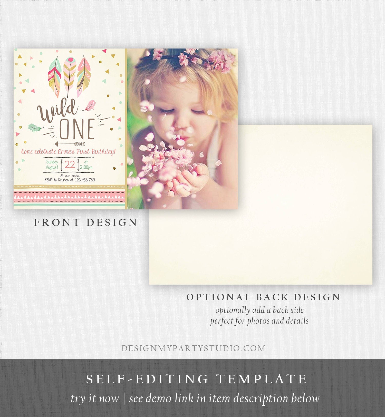 Editable Birthday Invitation Wild One Girl Invite Tribal Boho Arrow Feathers Pink Gold Mint Download Printable Template Digital Corjl 0073