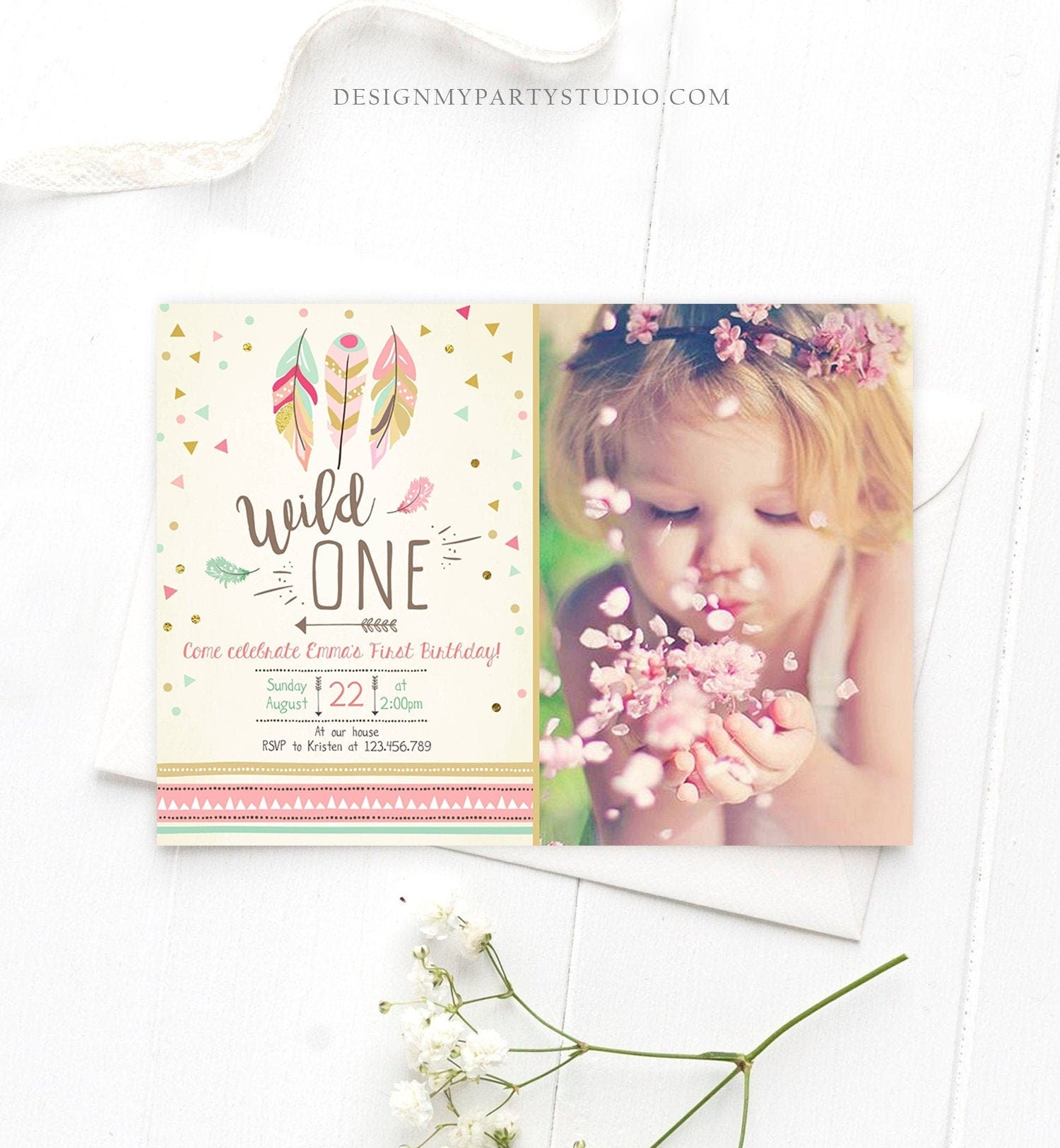 Editable Birthday Invitation Wild One Girl Invite Tribal Boho Arrow Feathers Pink Gold Mint Download Printable Template Digital Corjl 0073