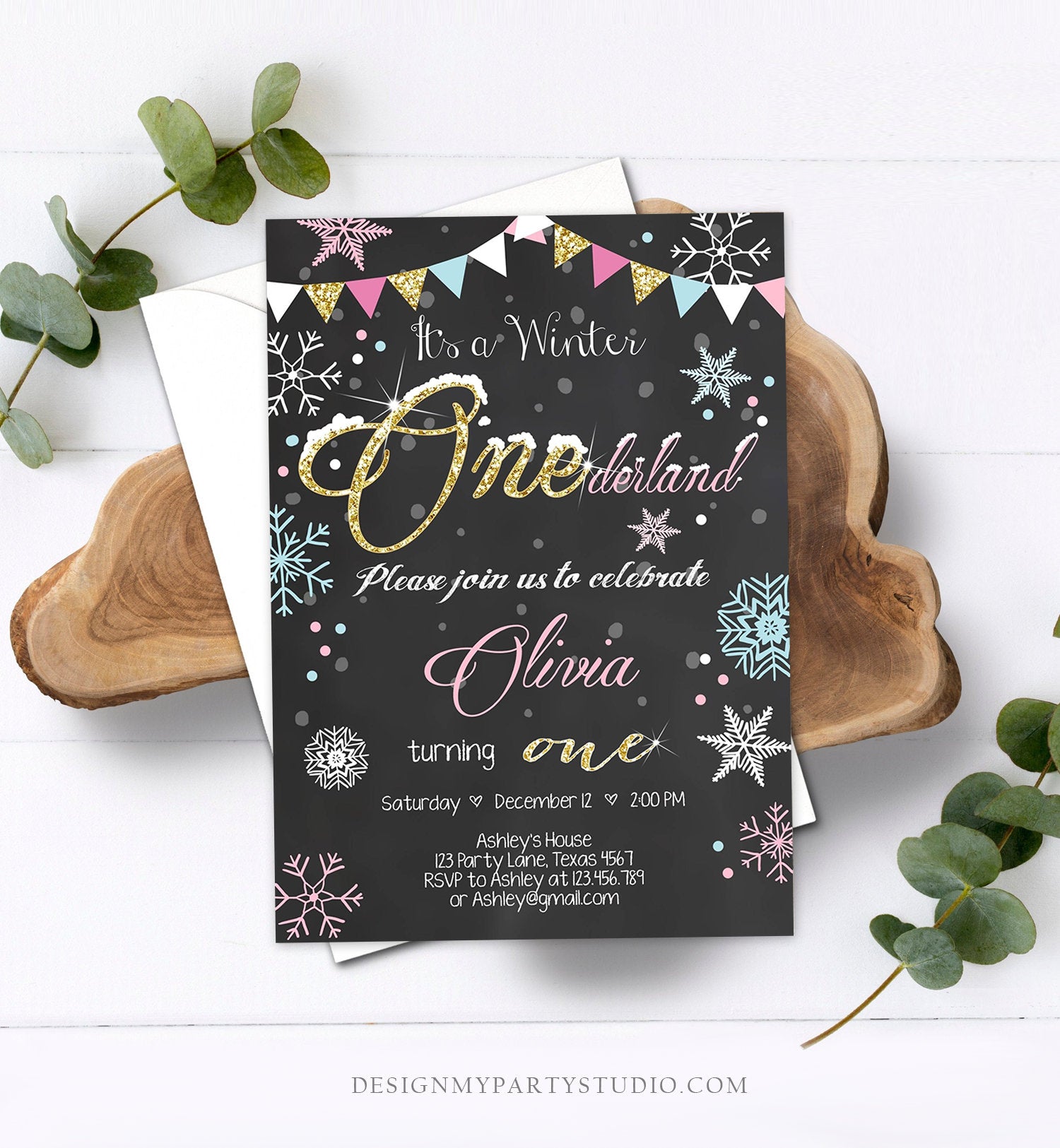 Editable Winter ONEderland Birthday Invitation First Birthday Snowflake Girl Pink Gold Download Printable Invitation Template Corjl 0034