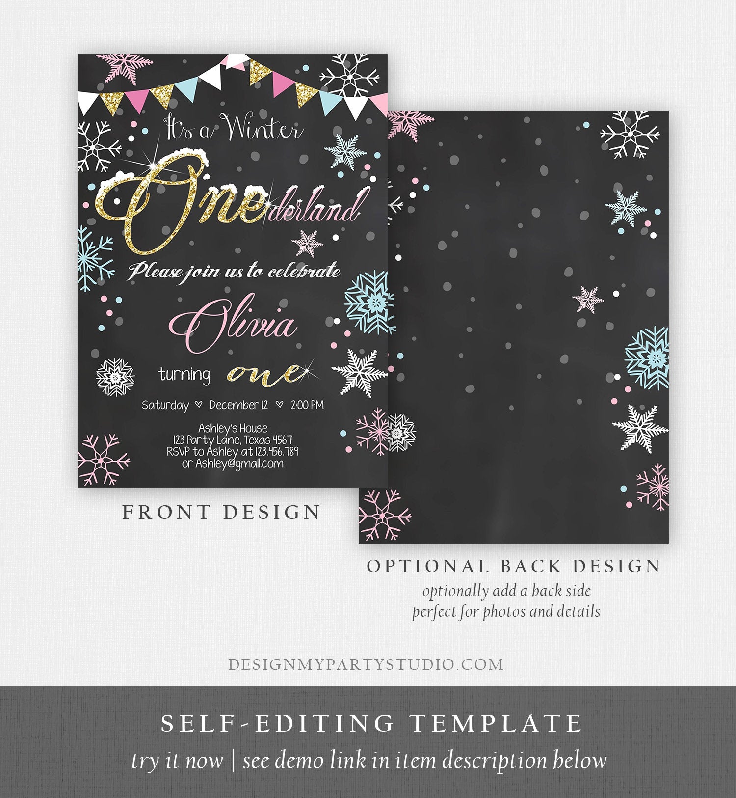 Editable Winter ONEderland Birthday Invitation First Birthday Snowflake Girl Pink Gold Download Printable Invitation Template Corjl 0034