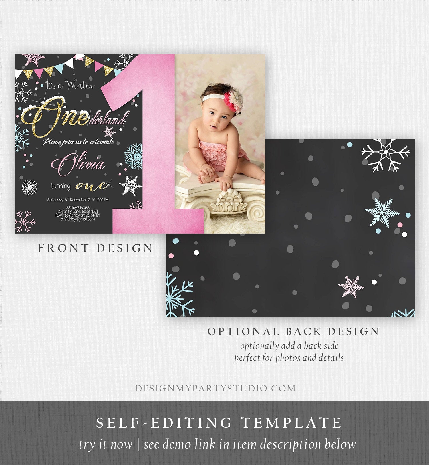 Editable Winter ONEderland Birthday Invitation First Birthday Snowflake Girl Pink Gold Download Printable Invitation Template Corjl 0034