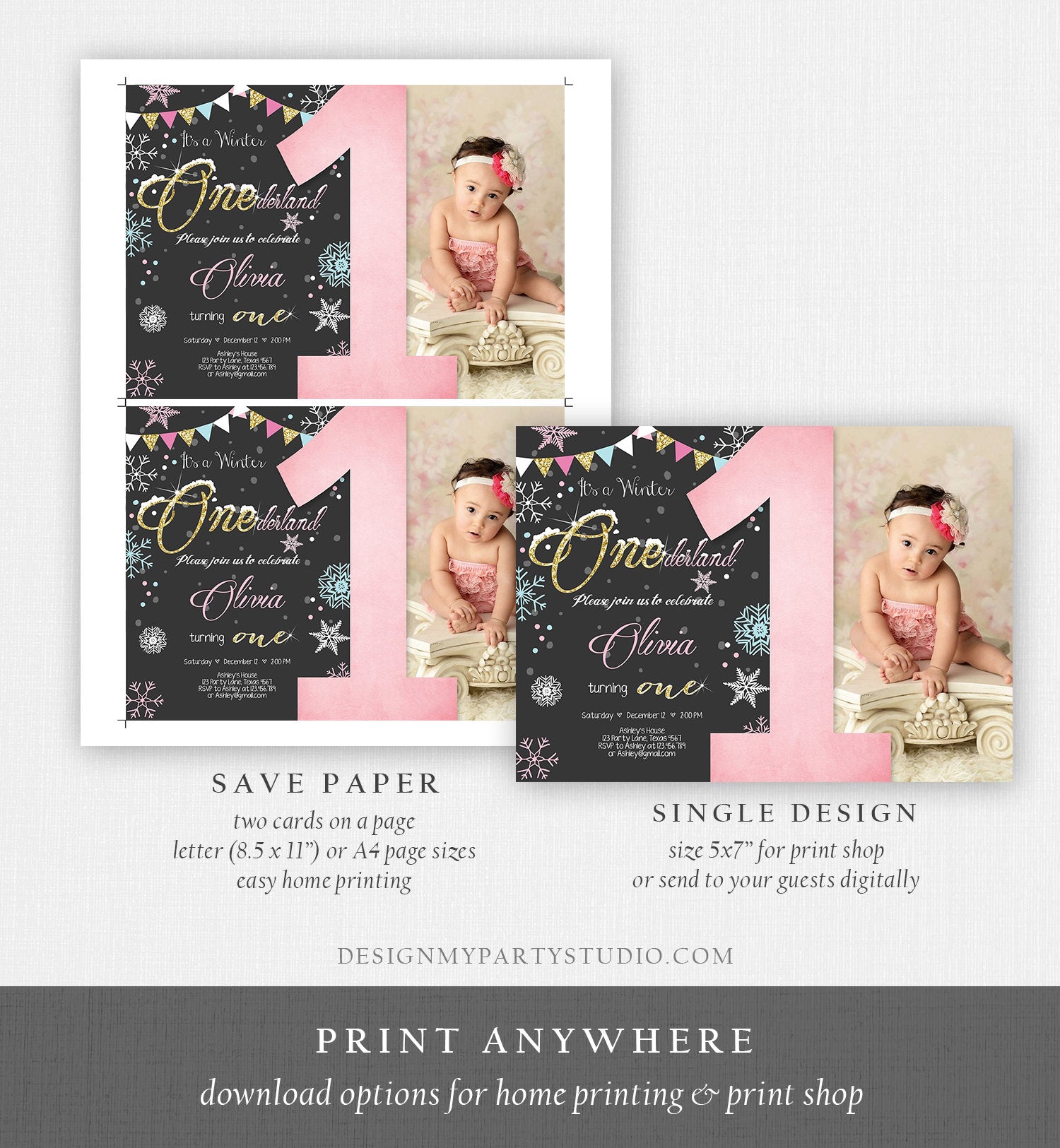 Editable Winter ONEderland Birthday Invitation First Birthday Snowflake Girl Pink Gold Download Printable Invitation Template Corjl 0034