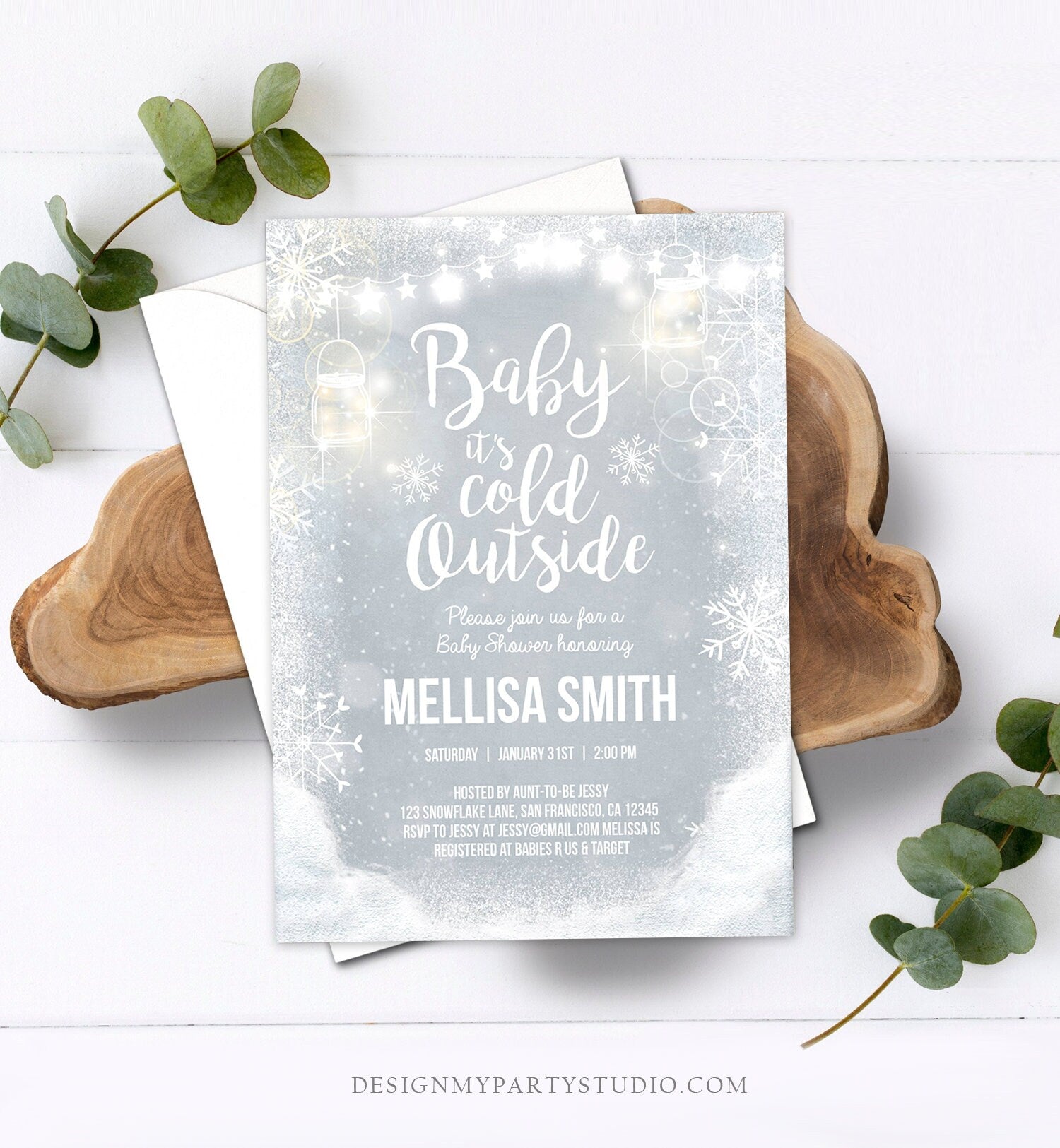 Editable Baby Its Cold Outside Baby Shower Invitation Mason Jars Rustic Grey Lights Winter Snow Invite Template Instant Download Corjl 0031