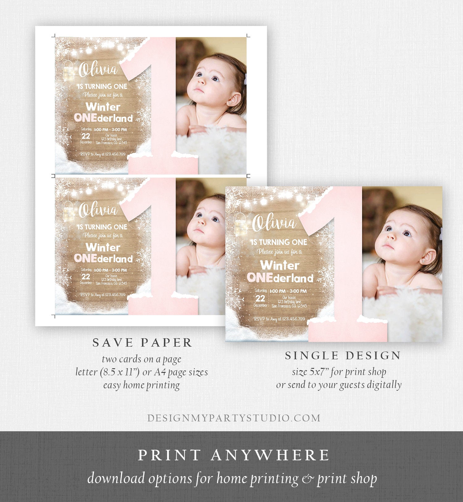 Editable Winter ONEderland Birthday Invite First Birthday Snowflake Girl Pink Rustic Wood Download Printable Invite Template Corjl 0031