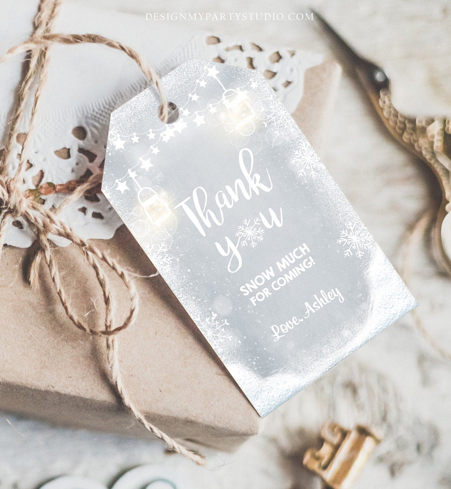 Editable Winter Thank you tags Baby Shower Favor Tags Rustic Lights Snowflakes Snow Winter Onederland Birthday Template PRINTABLE Corjl 0031