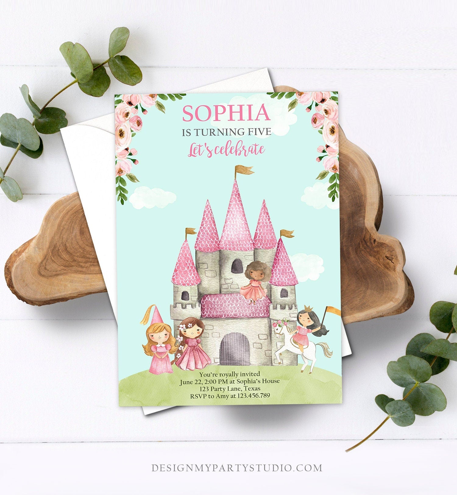 Editable Princess Birthday invitation Once Upon a Time Princess Party Pink Girl Gold Floral Castle Download Printable Template Corjl 0171