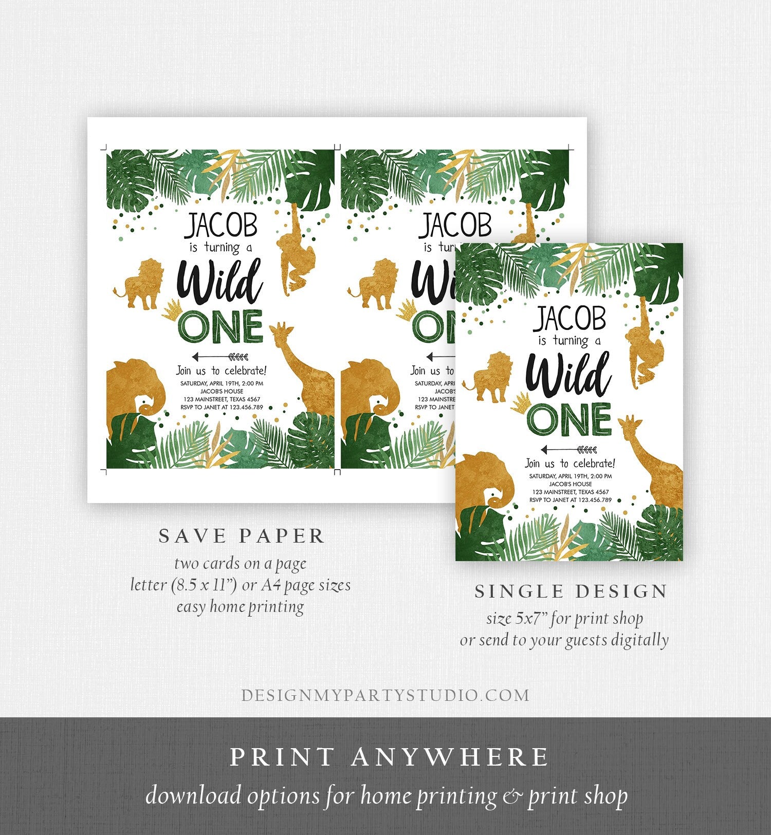 Editable Wild One Birthday Invitation Safari Animals Jungle Zoo Animals Black Gold First Birthday 1st Download Printable Corjl Template 0016