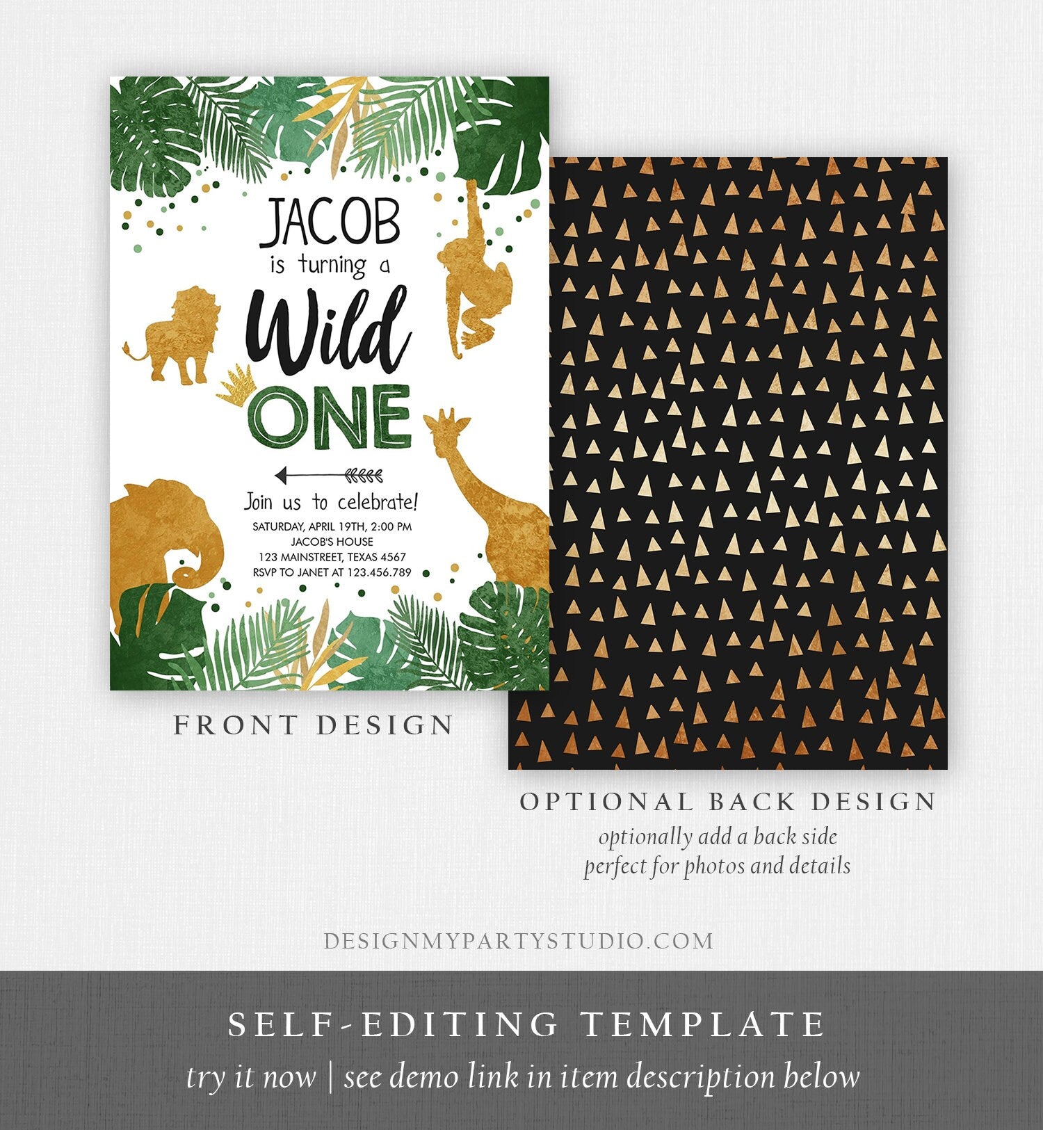 Editable Wild One Birthday Invitation Safari Animals Jungle Zoo Animals Black Gold First Birthday 1st Download Printable Corjl Template 0016