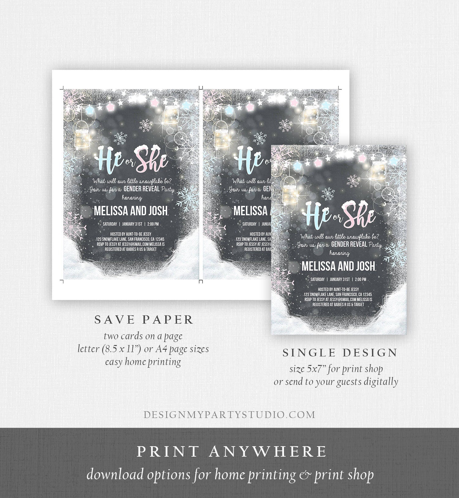 Editable Winter Gender Reveal Party Invitation Cold Outside Snow Boy or Girl He or She Rustic Invite Template Instant Download Corjl 0031