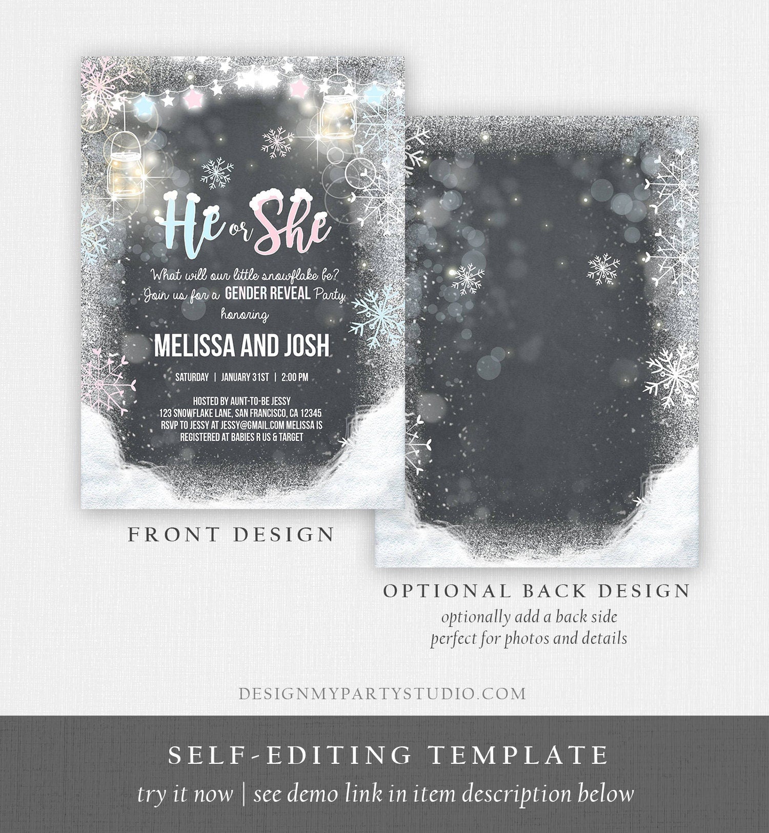 Editable Winter Gender Reveal Party Invitation Cold Outside Snow Boy or Girl He or She Rustic Invite Template Instant Download Corjl 0031