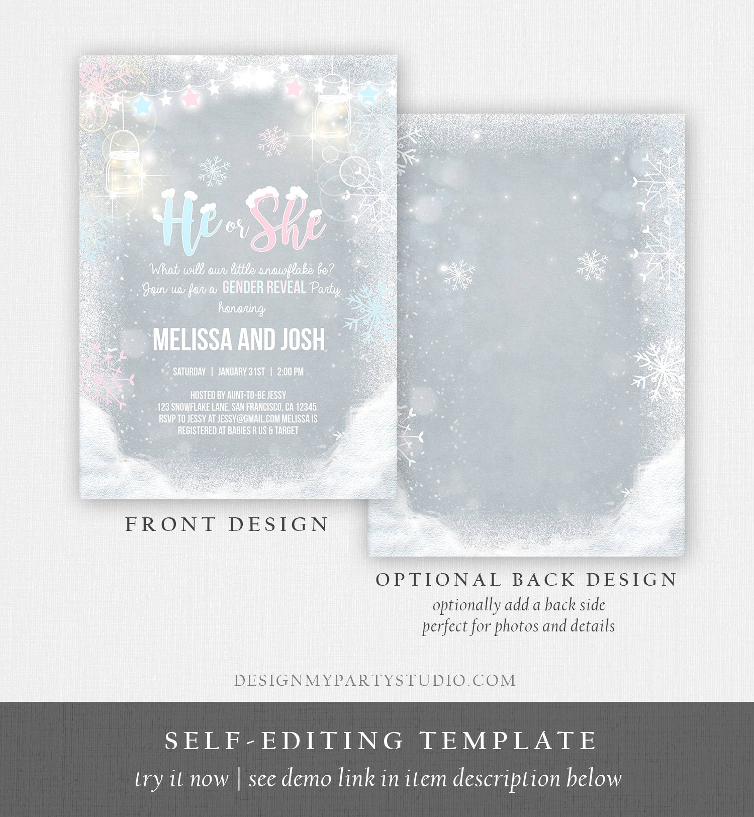 Editable Winter Gender Reveal Party Invite Cold Outside Snow Boy or Girl He or She Rustic Invitation Template Instant Download Corjl 0031