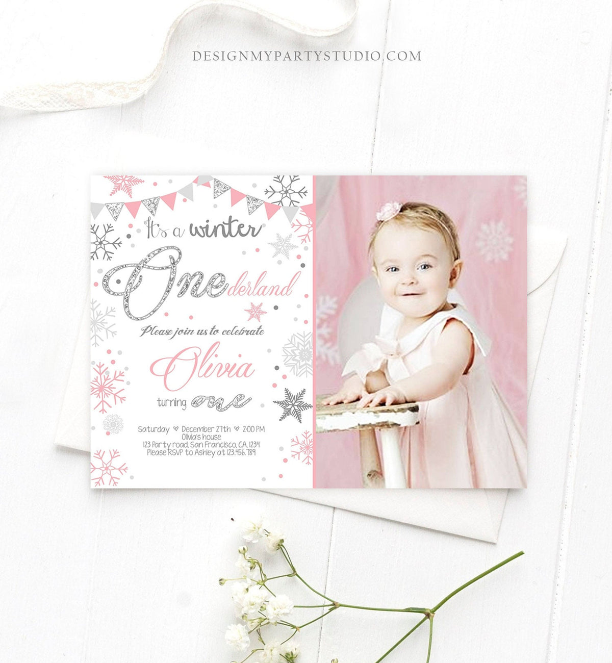 Editable Winter ONEderland Birthday Invitation First Birthday Snow Girl Pink Silver Glitter Download Printable Invite Template Corjl 0034