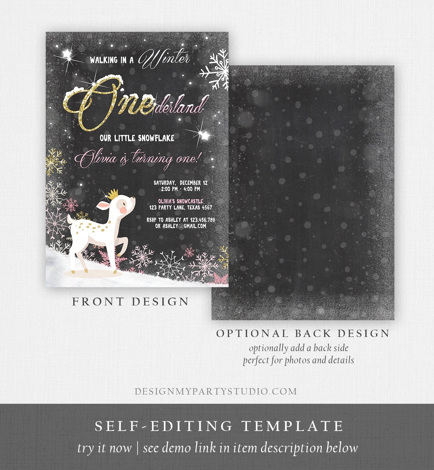 Editable Winter ONEderland Birthday Invitation First Birthday Snowflake Girl Pink Gold Deer Princess Crown Printable Template Corjl 0034