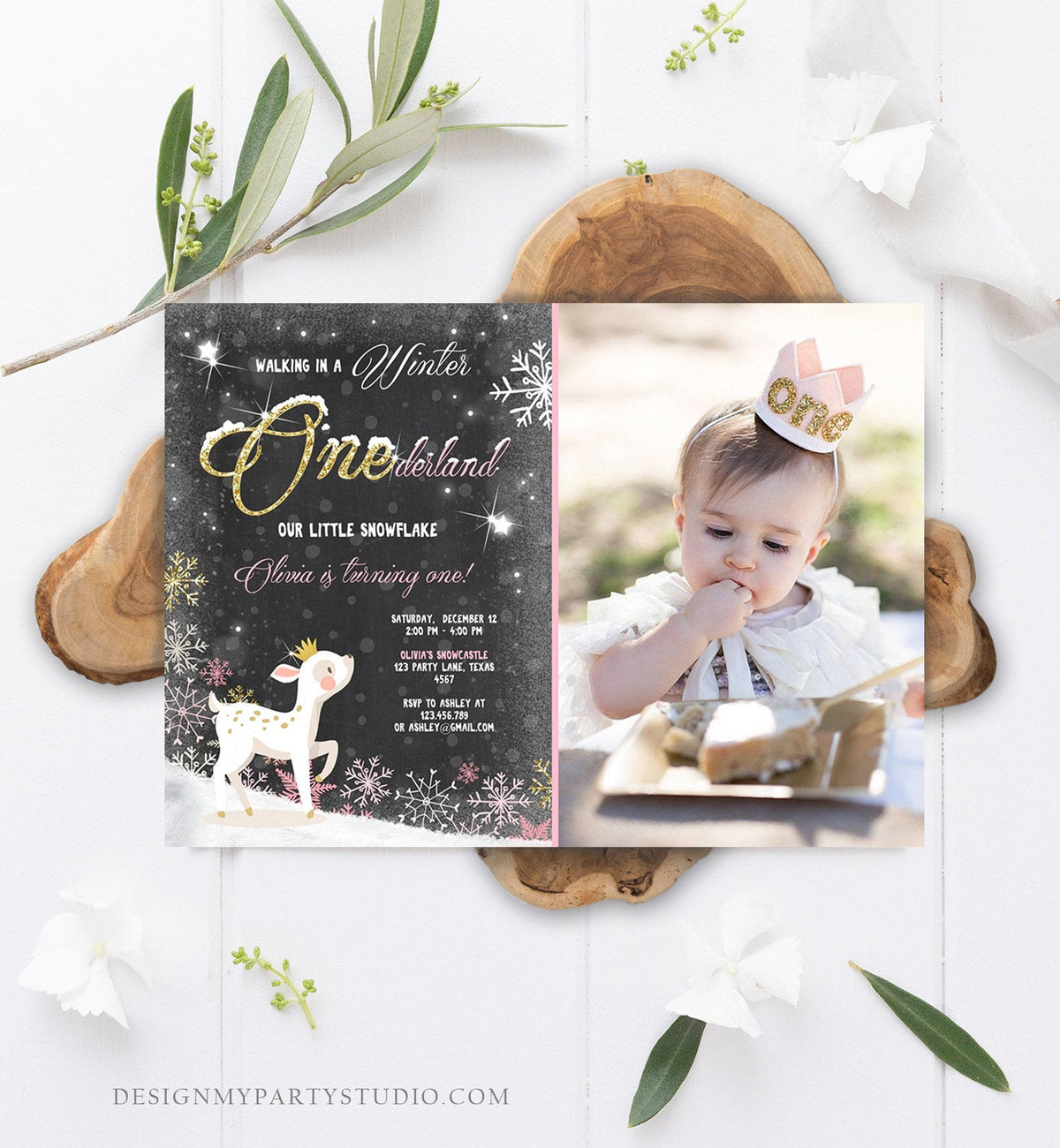 Editable Winter ONEderland Birthday Invitation First Birthday Snowflake Girl Pink Gold Deer Princess Crown Printable Template Corjl 0034