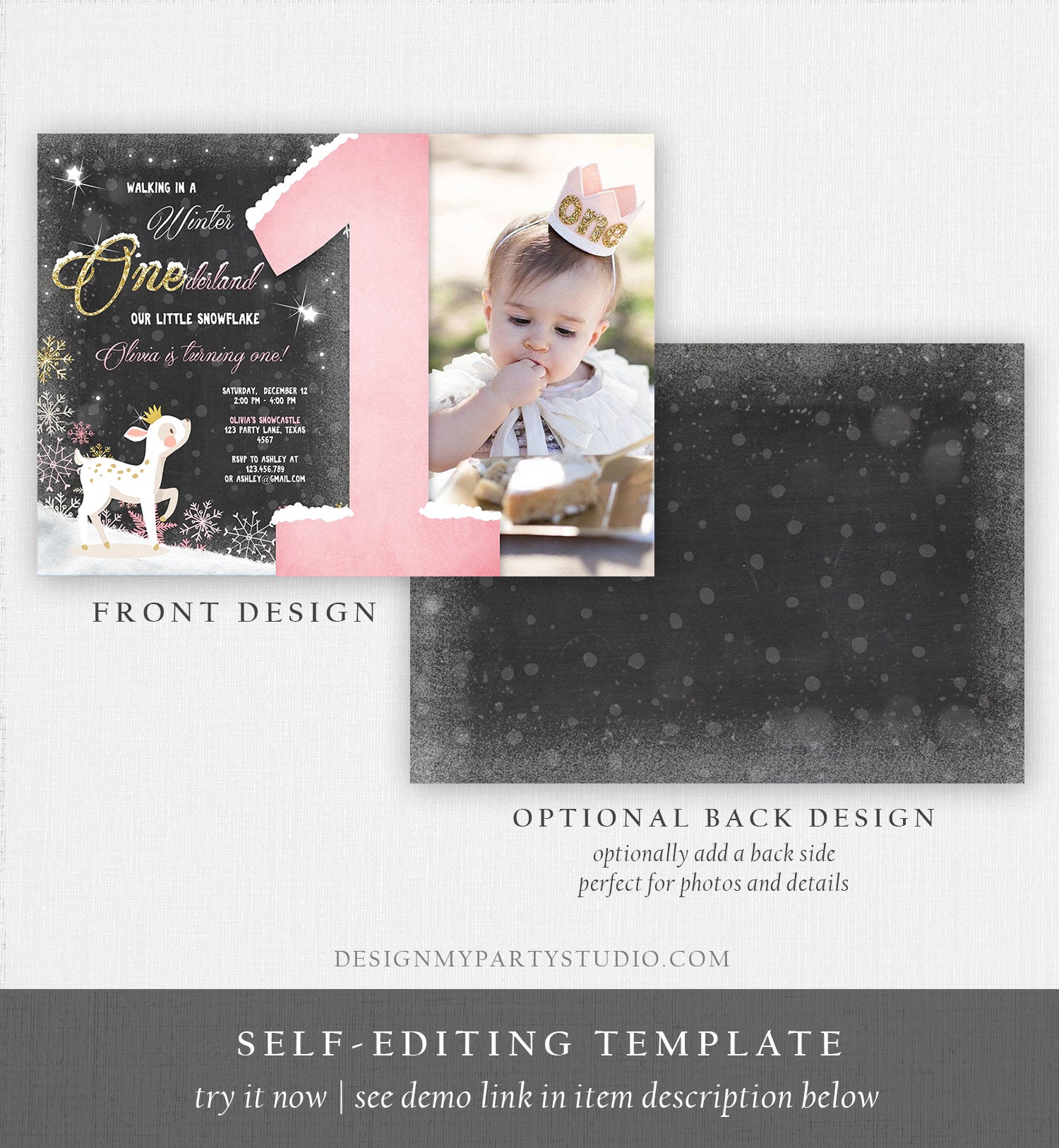 Editable Winter ONEderland Birthday Invitation First Birthday Snowflake Girl Pink Gold Deer Princess Crown Printable Template Corjl 0034